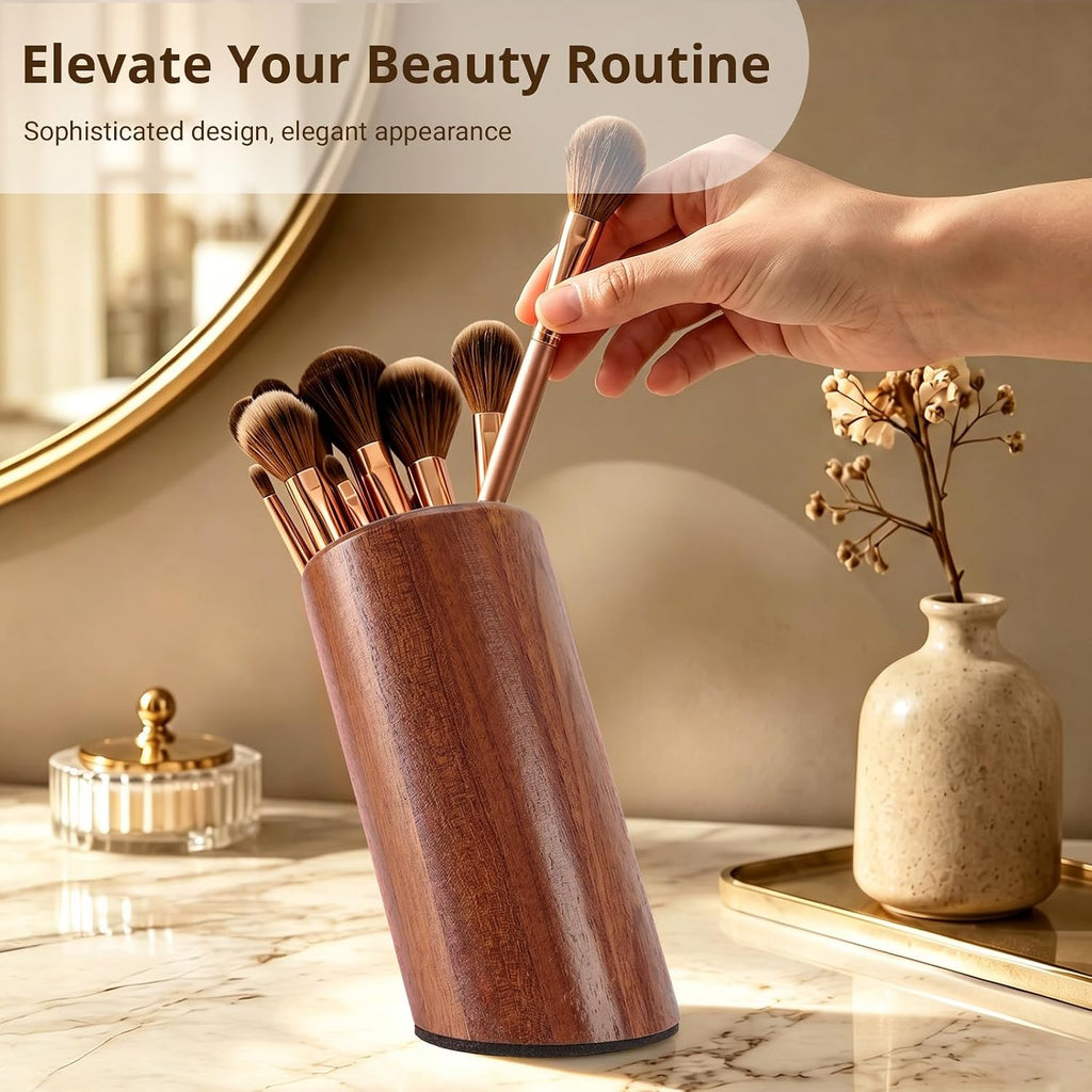 walowalo Pen Holder Natural Wooden Pencil Holder for Desk, Angled Design Makeup Brush Holder Pencil Cup, Multiple-Use Marker Holder Desktop Stationary Organizer for Office, Home, School