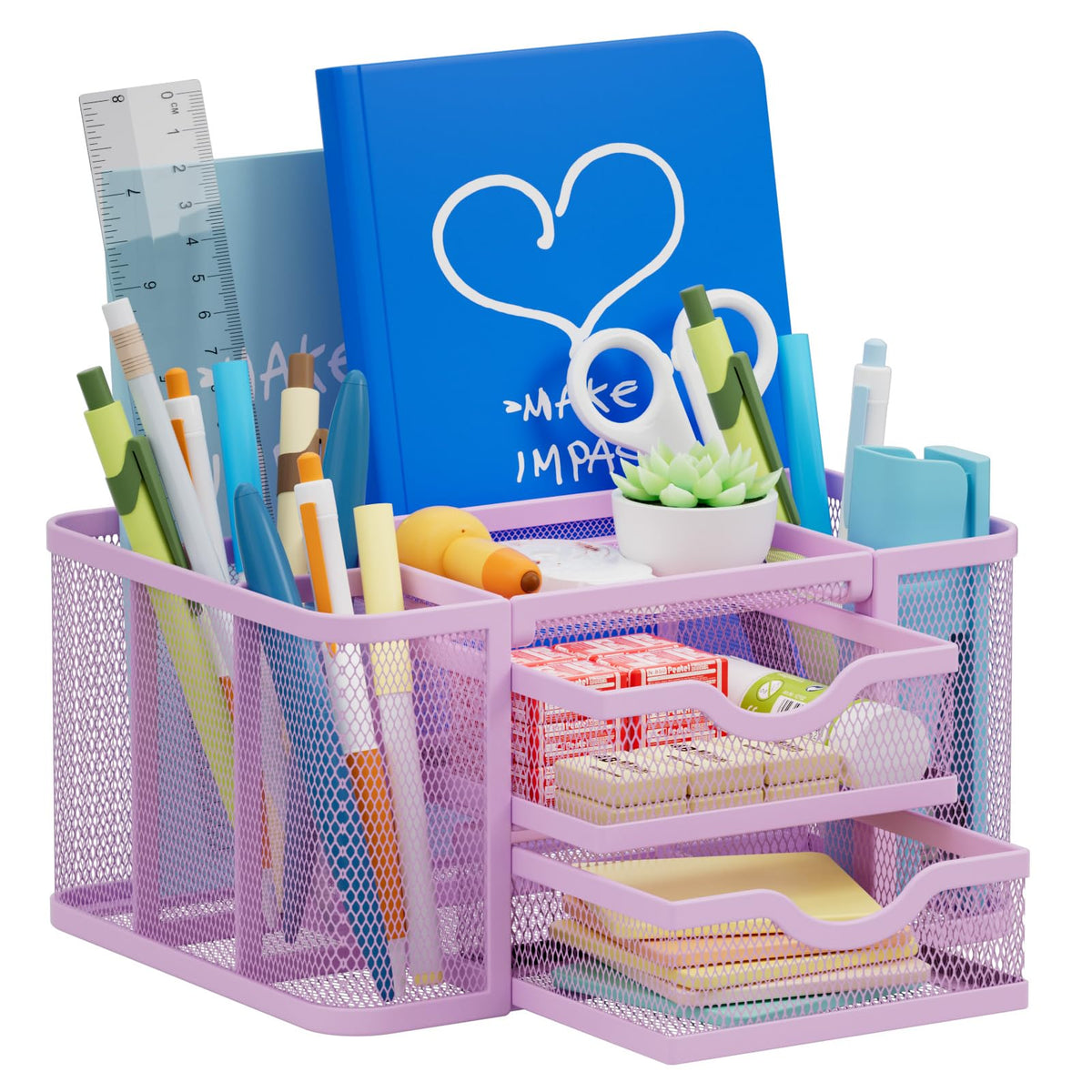 Marbrasse Mesh Desk Organizer, Pen Organizer with 2 Drawer, Multi-Functional Pencil Holder, Desk Organizers and Accessories with 5 Compartments + Drawer for Office Art Supplies (Black)
