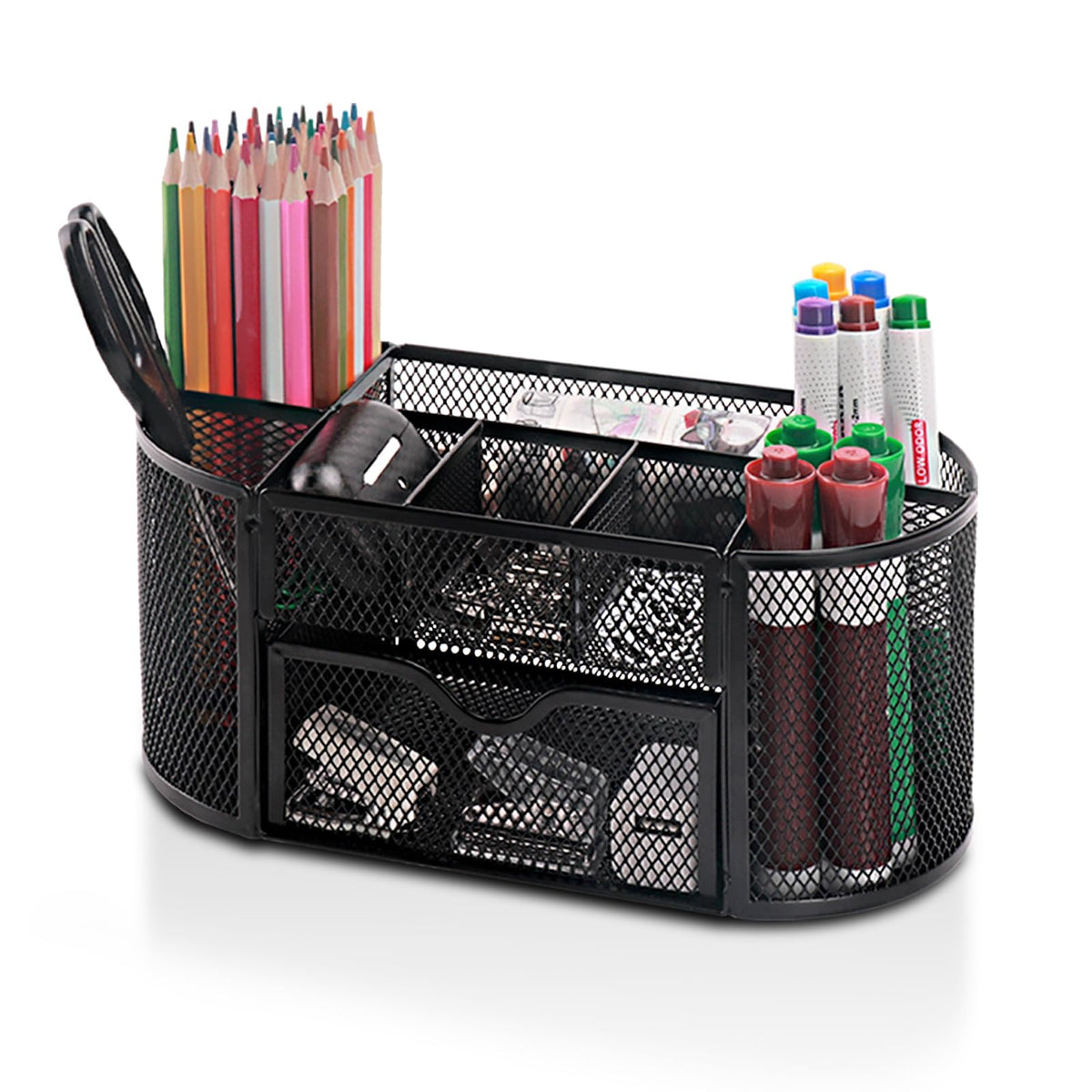 Comix Mesh Pen Pencil Holder Desk Organizer, 7 Compartment Wire Desktop Pen Pencil Cup Caddy Office Supplies for Home Office School, Black