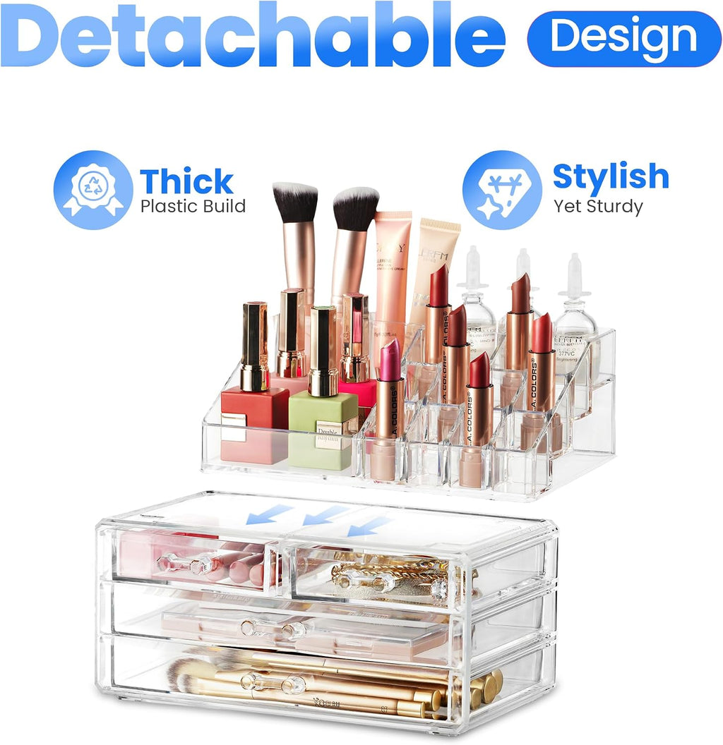 Masirs Clear Makeup Organizer with 4 Drawers 16 Compartments, Countertop
