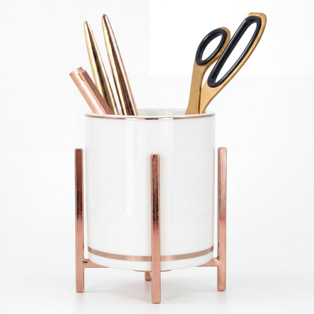 4.72" Gold Pen Holder Aesthetic Pencil Holder for Desk, Gold Desk Organizers and Accessories for Women Girls, Ceramic Pen Holder for Office