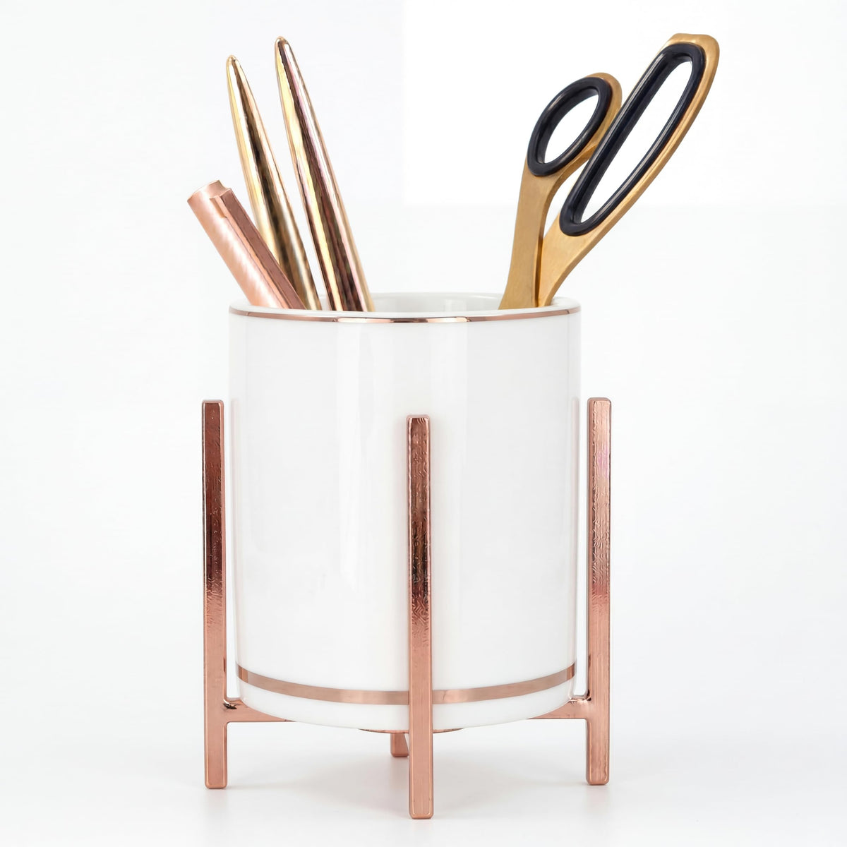 4.72" Gold Pen Holder Aesthetic Pencil Holder for Desk, Gold Desk Organizers and Accessories for Women Girls, Ceramic Pen Holder for Office