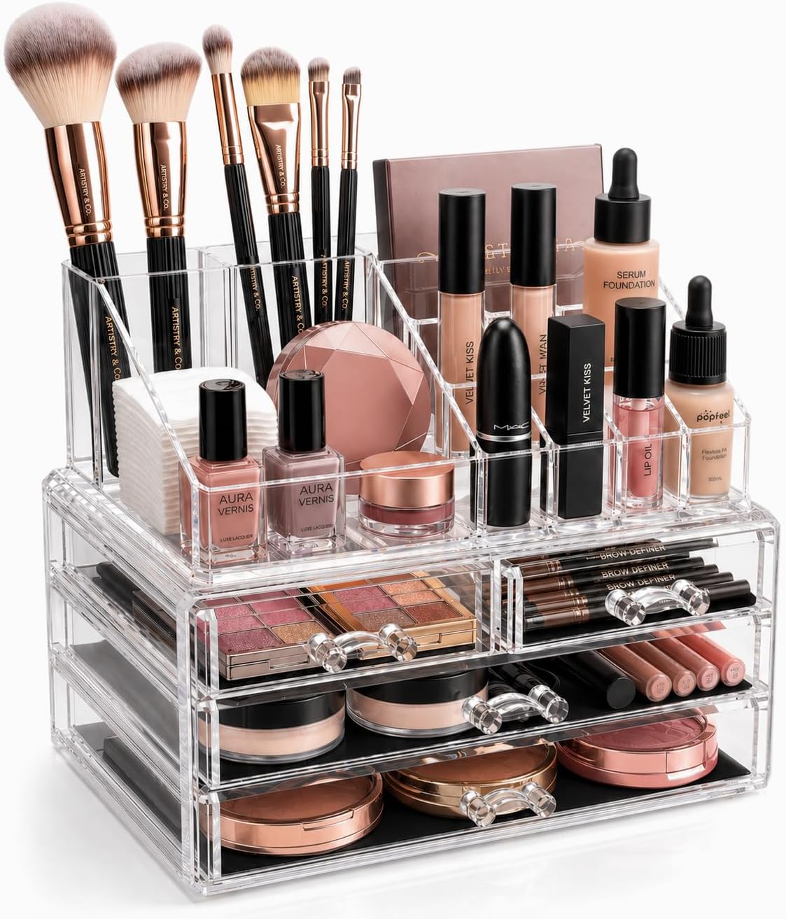 Brookstone Makeup Organizer Countertop, Cosmetic Display Case, Acrylic Makeup Storage for Vanity, Clear Make-up Organizer for Vanity, Accessories Holder with Drawers