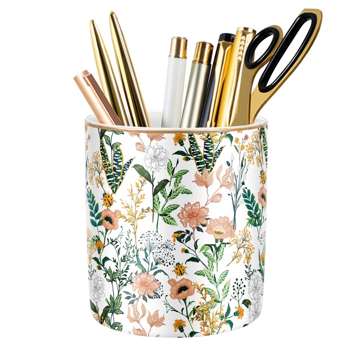 Large Capacity Colored Pen Holder for Desk, Ceramic Pencil Holder Pen Cup Marker Holder Makeup Brush Holders, Desk Accessories & Workspace Organizers for Home, Office, White Flower