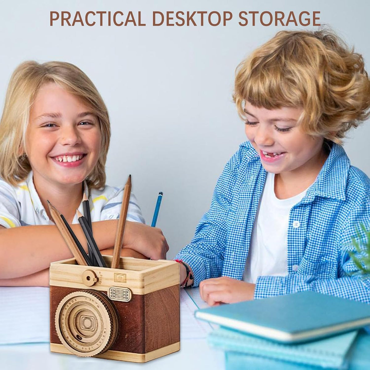 Vintage Wooden Camera Pencil Holder – Retro Desk Organizer for Pens & Stationery, Unique Photography Gift for Photographers, Creative Wooden Pen Holder for Office & Home Decor (Double slot)