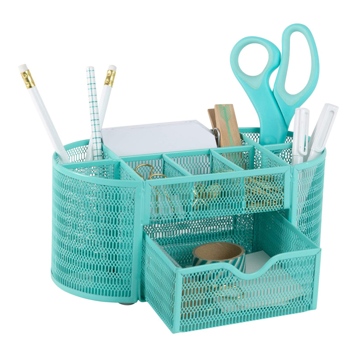 BLU MONACO | Gold Desk Organizer Set with Drawer | Metal Mesh Desk Accessories for Women | Stylish Desktop Organizer for Office Storage, Supplies & Small Stationery