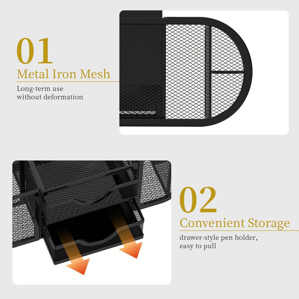SUPEASY Mesh Desk Organizer, Pen Holder for Desk with 2 Drawers, Black