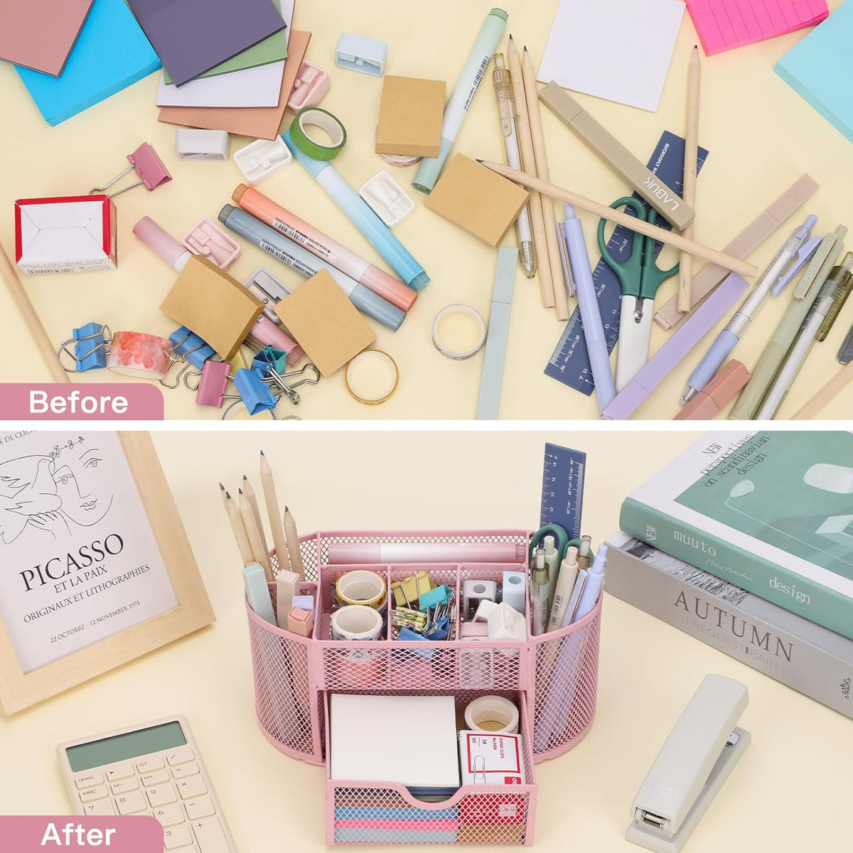 EOOUT Pink Desk Organizer Mesh Pencil Holder 8 Compartments 1 Drawer