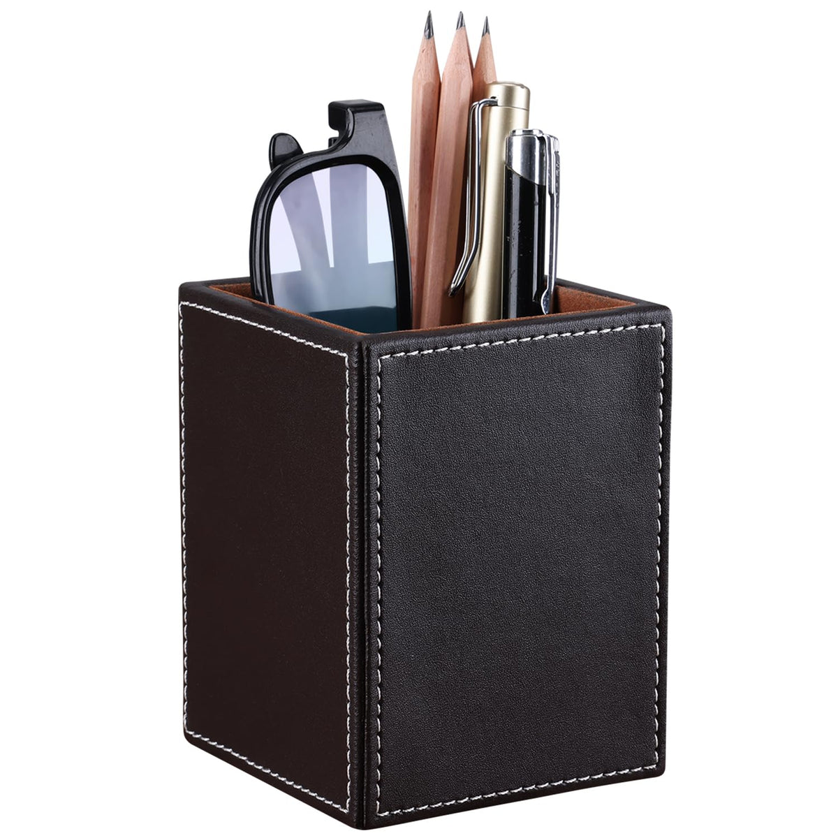 KINGFOM™ Double Holder Leather Multi-Function Desk Stationery Organizer Pen Pencil Holder Black