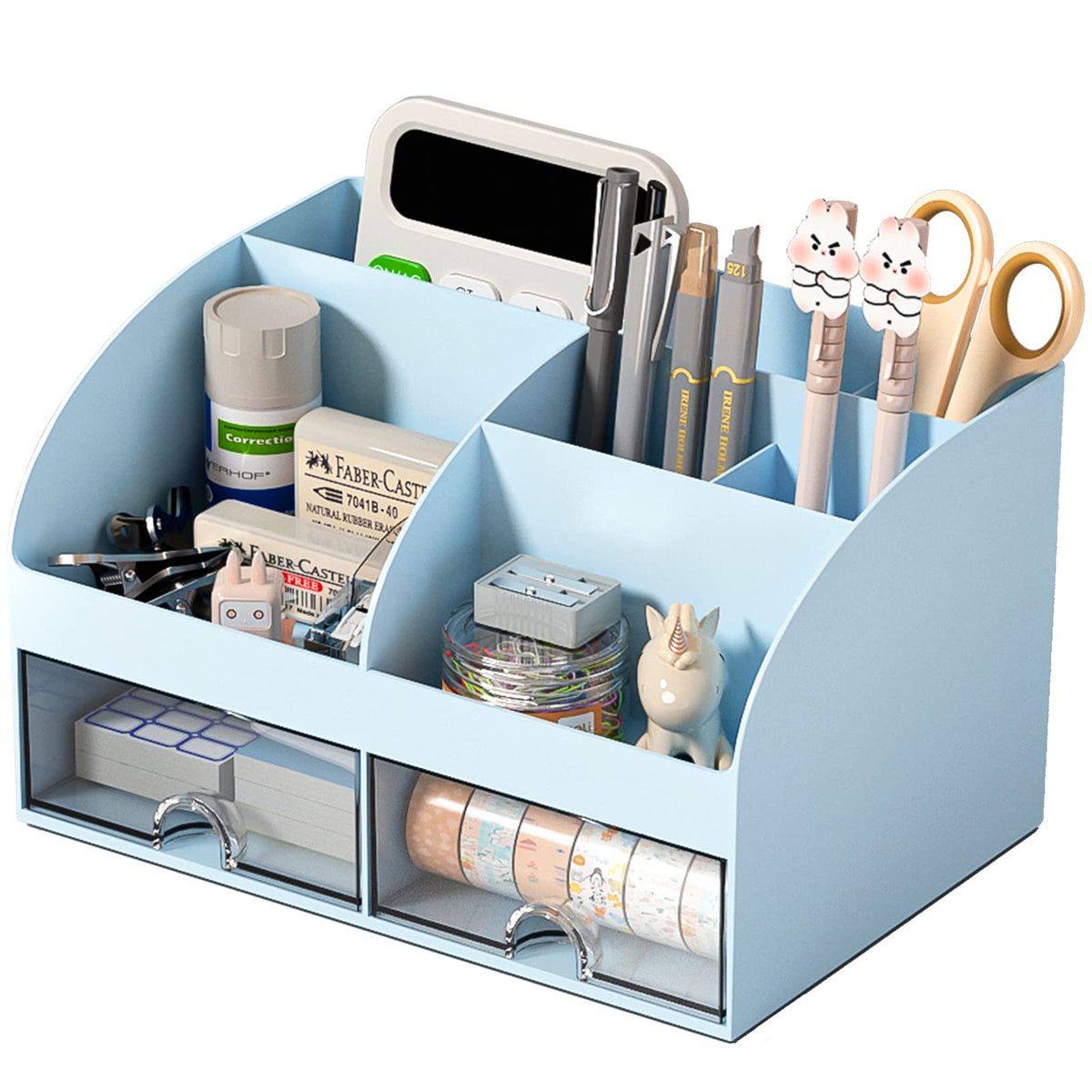 COMFYROOM Desk Organizer with 6 Compartments and 2 Drawers, Plastic Makeup Organizer, Pen Holder for Desktop Storage, Desk Organization for School, Home, Office Supplies (White)