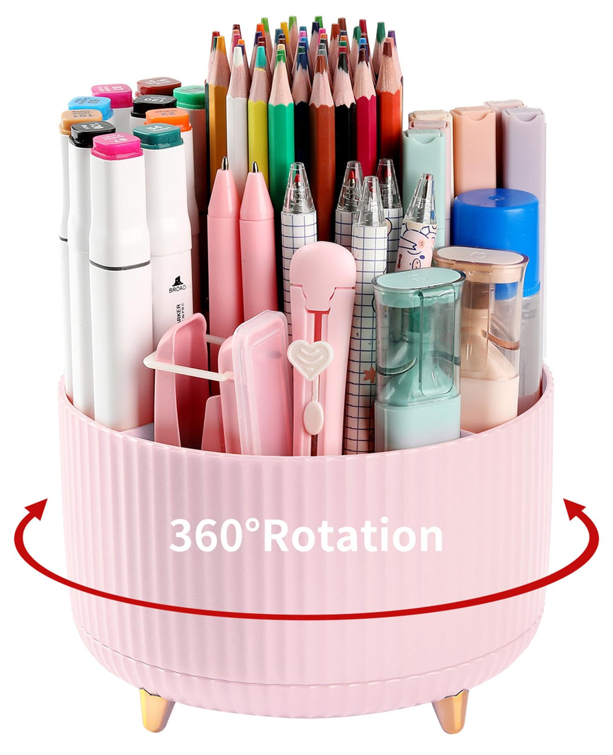 Desk Pencil Pen Holder, 5 Slots 360°Degree Rotating Pen Organizers for Desk, Desktop Storage Stationery Supplies Organizer, Cute Pencil Cup Pot for Office, School, Home, Art Supply, Beige