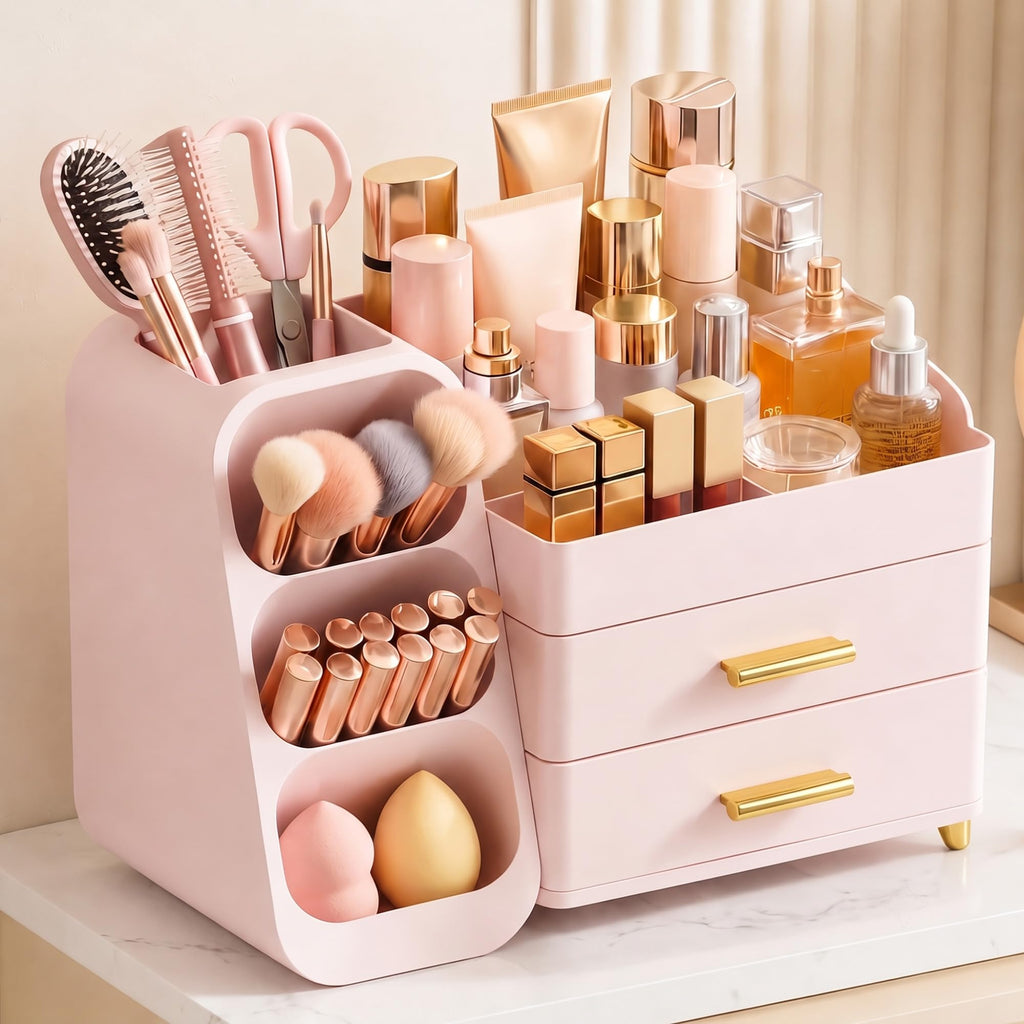 Large Capacity Makeup Organizer Countertop with Makeup Brush Holder for Vanity, Thickened Material, Bathroom Countertop Organizer Skin Care Perfumes Storage, Teen Girl Gifts for 12-23 Year（white）