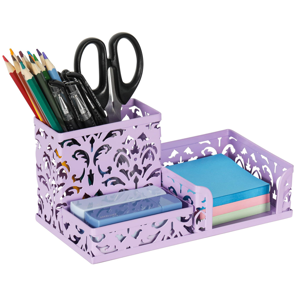 EasyPAG Desk Organizer 3 Compartment Pen Holder for Desk Office Supplies Caddy with Sticky Notes Holder for School Home, Gold