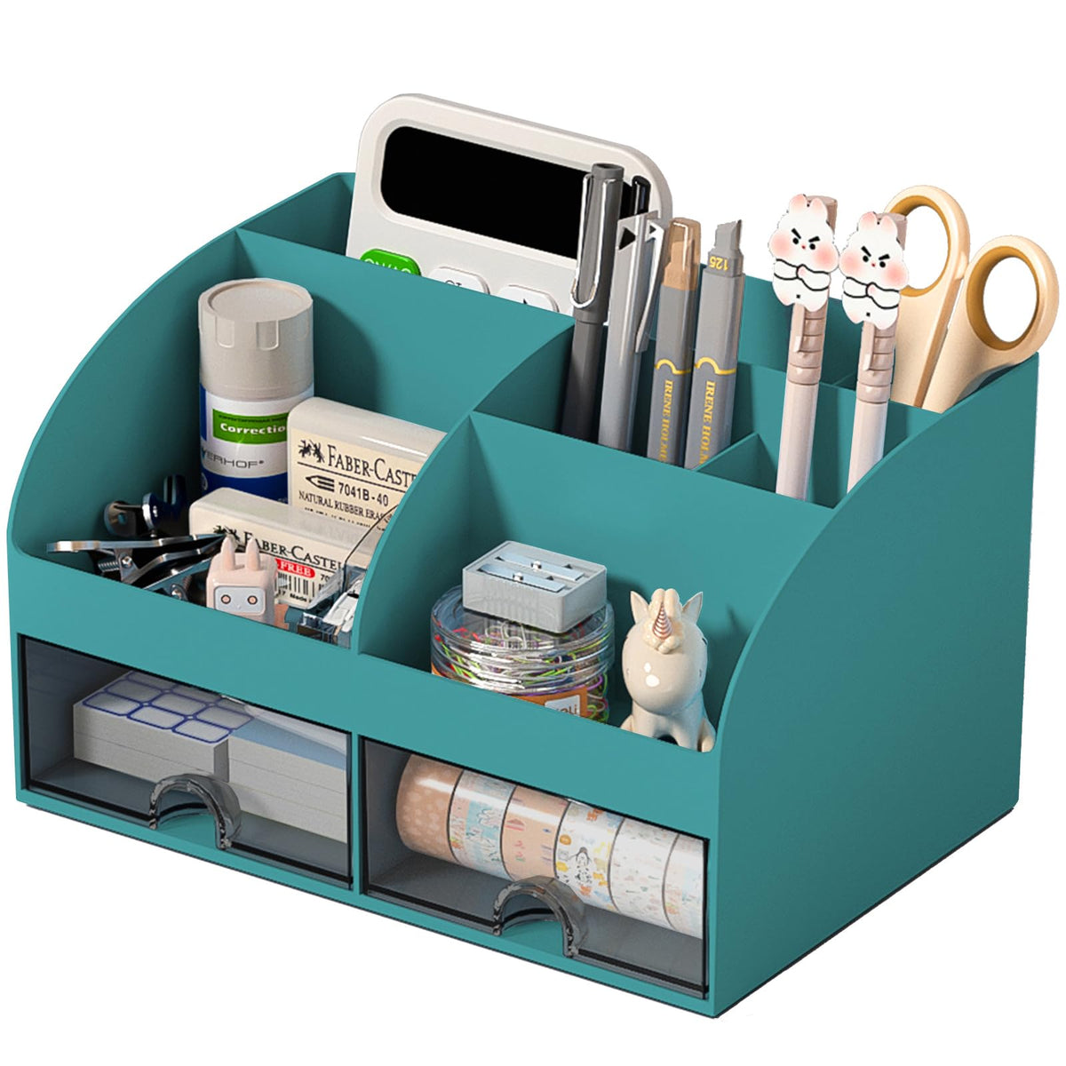 COMFYROOM Desk Organizer with 6 Compartments and 2 Drawers, Plastic Makeup Organizer, Pen Holder for Desktop Storage, Desk Organization for School, Home, Office Supplies (White)