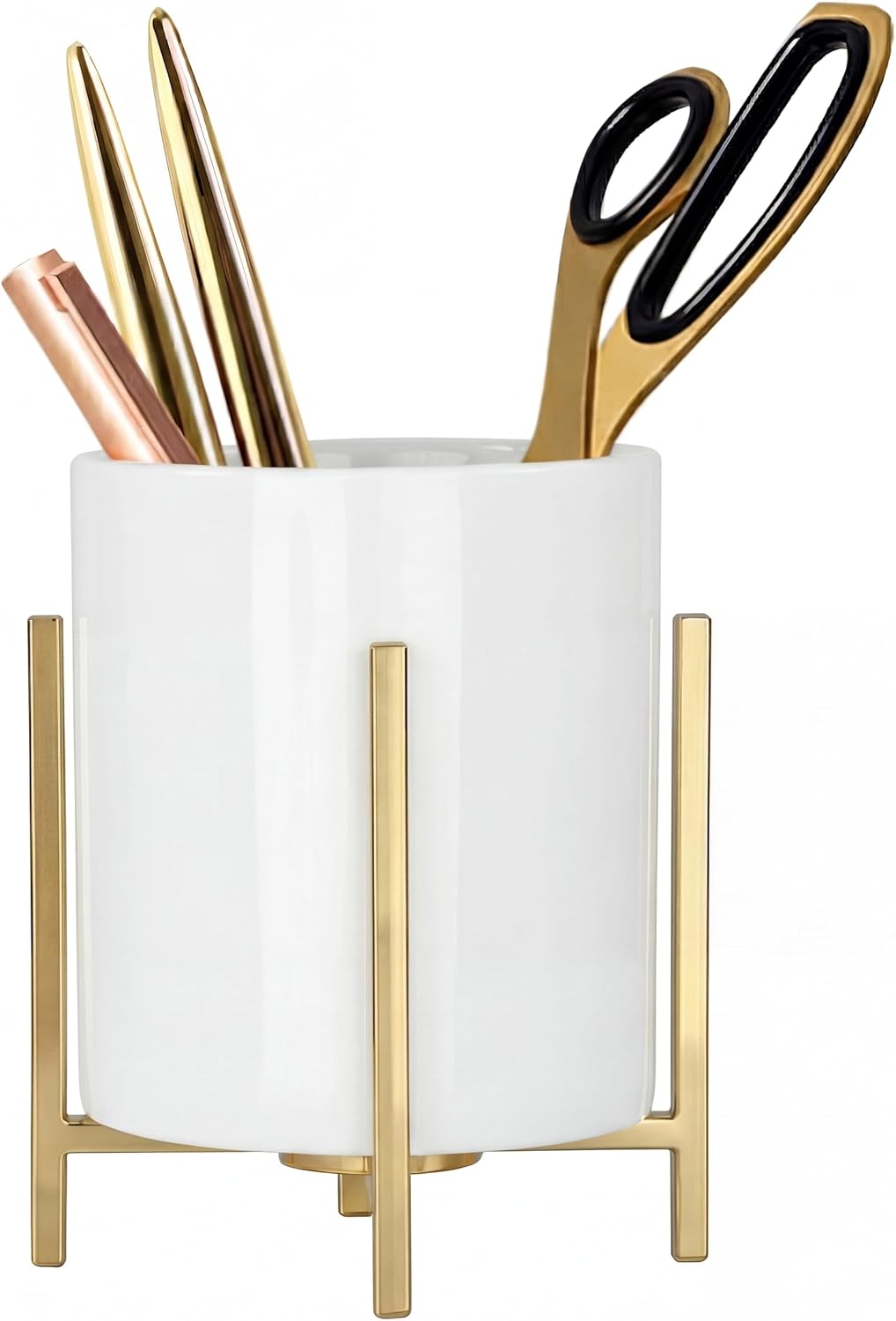 4.72" Gold Pen Holder Aesthetic Pencil Holder for Desk, Gold Desk Organizers and Accessories for Women Girls, Ceramic Pen Holder for Office
