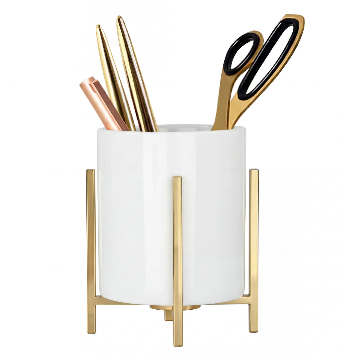 4.72" Gold Pen Holder Aesthetic Pencil Holder for Desk, Gold Desk Organizers and Accessories for Women Girls, Ceramic Pen Holder for Office