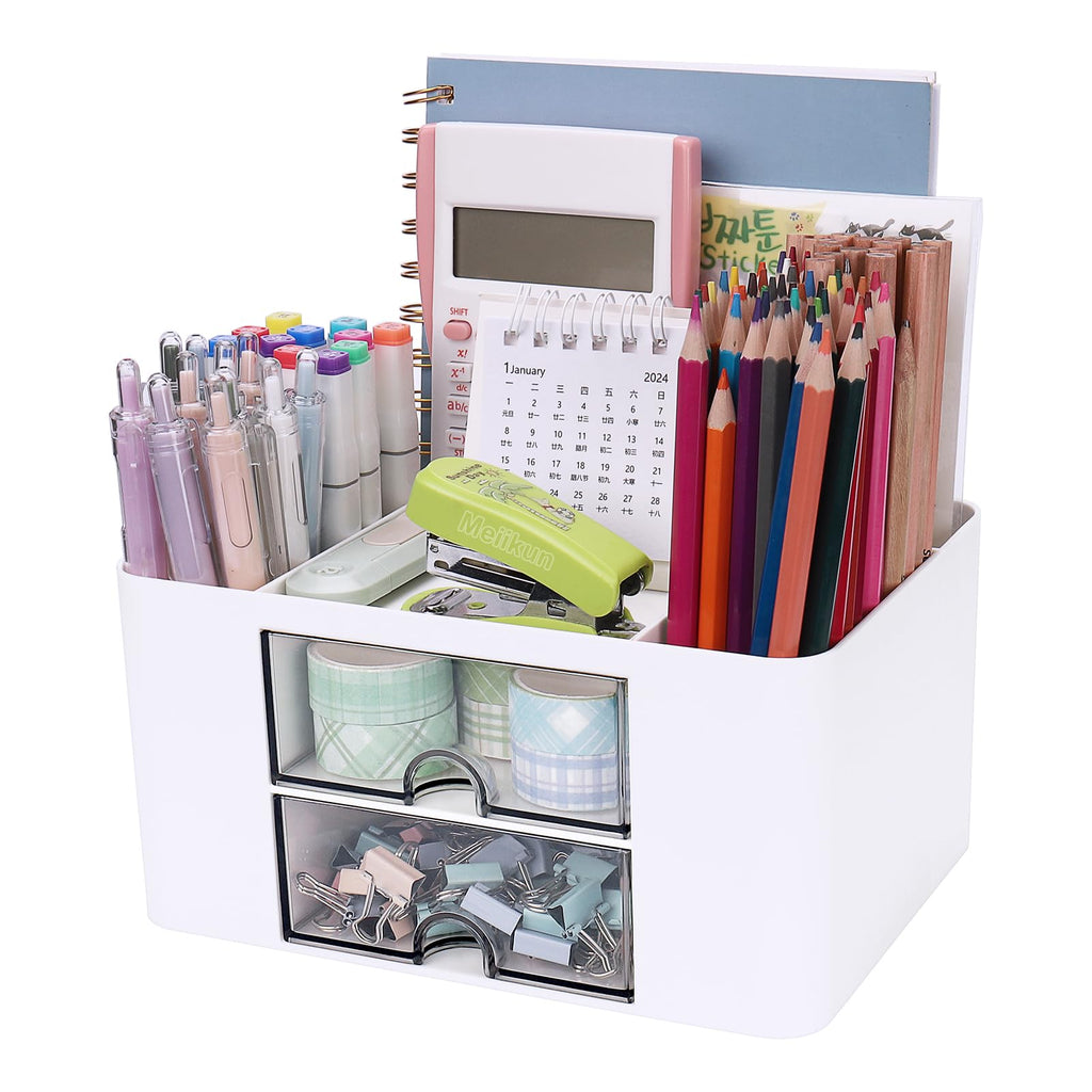Meiikun Desk Organizer with Drawer, Pen Organizer for Desk, Small Pencil Holder, Desk Organizers and Accessories for Office Home Storage (2 Drawers+4 Compartments, Pink)