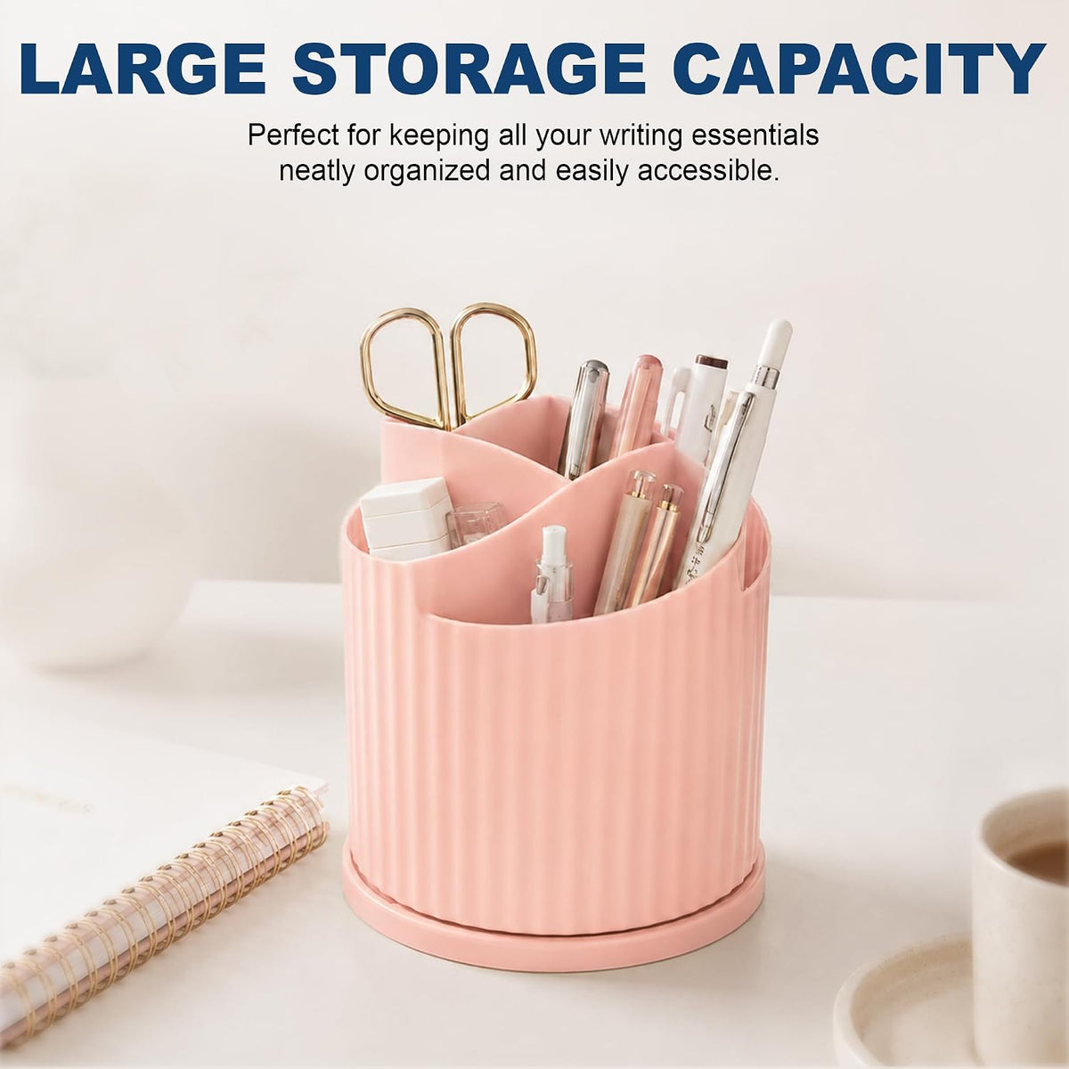 Desk Organizer, 360° Rotating Pen Holder with 5 Compartments, Pink