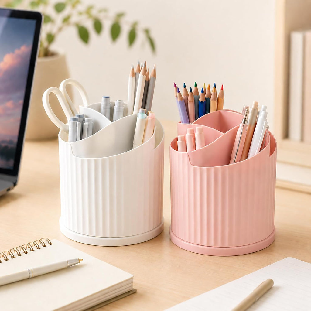 Desk Organizer, 360° Rotating Pen Holder with 5 Compartments, Pink
