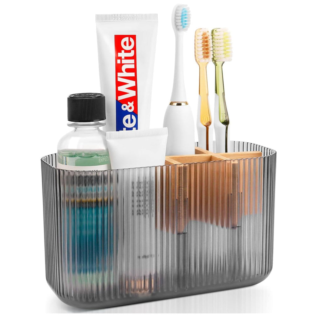 GFWARE Toothbrush Holders for Bathrooms, 5 Slots Bamboo Toothbrush Holder Kids Electric Toothbrush Holder and Toothpaste Holder for Bathroom Countertop Accessories Storage, Marble Toothbrush Organizer