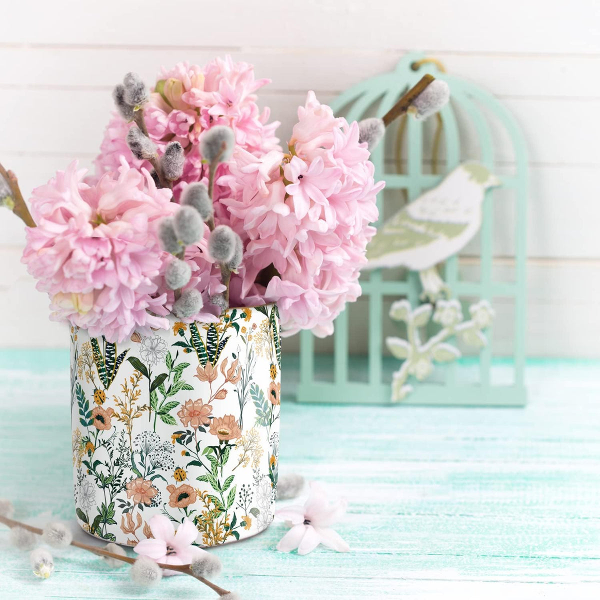 Large Capacity Colored Pen Holder for Desk, Ceramic Pencil Holder Pen Cup Marker Holder Makeup Brush Holders, Desk Accessories & Workspace Organizers for Home, Office, White Flower