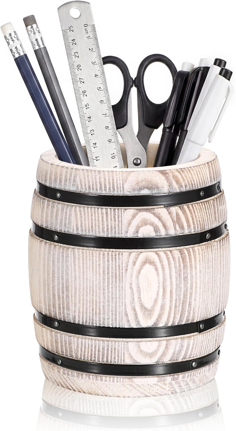 Rustic Wooden Pen Holders for Desk, Wine Barrel Funny Pencil Cup