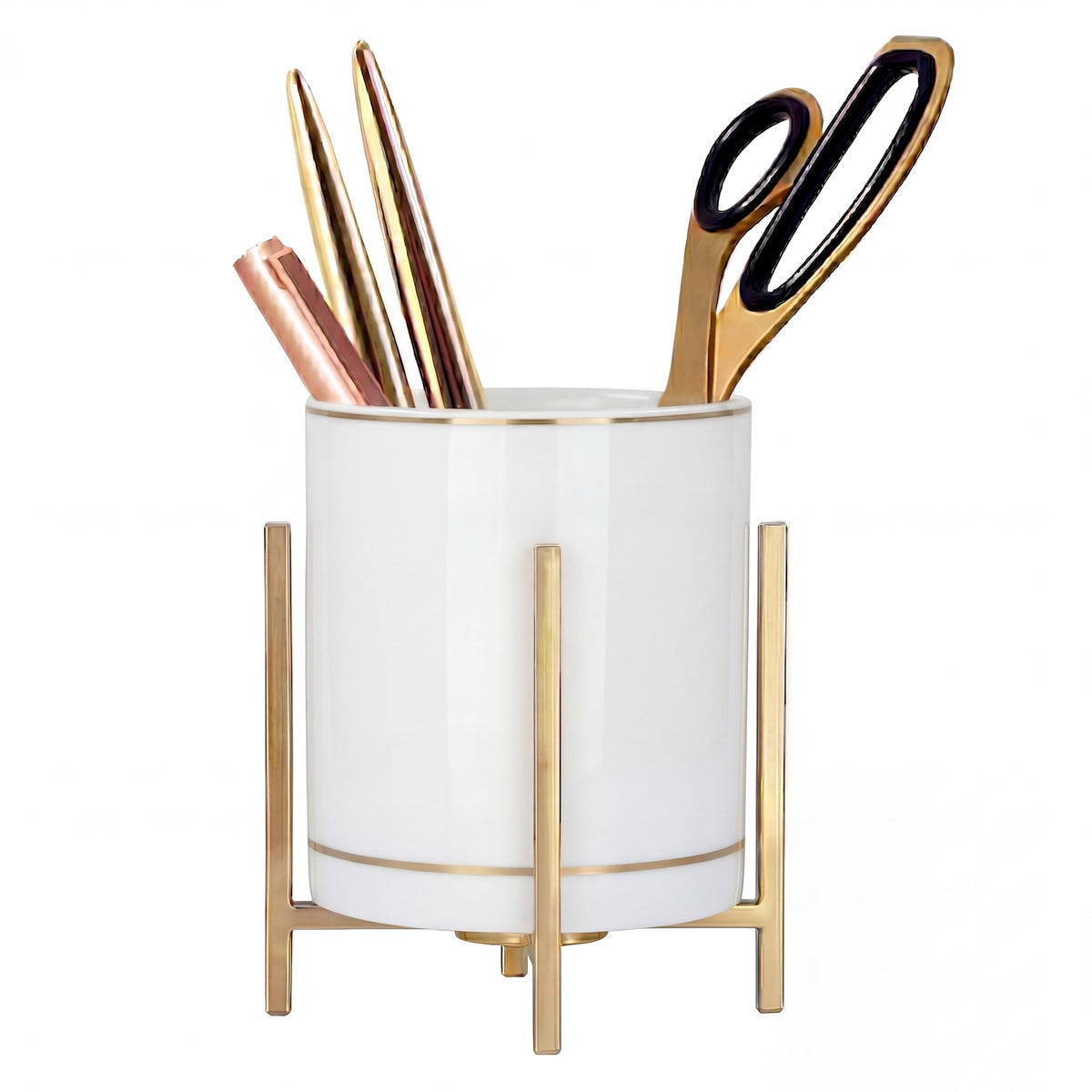 4.72" Gold Pen Holder Aesthetic Pencil Holder for Desk, Gold Desk Organizers and Accessories for Women Girls, Ceramic Pen Holder for Office