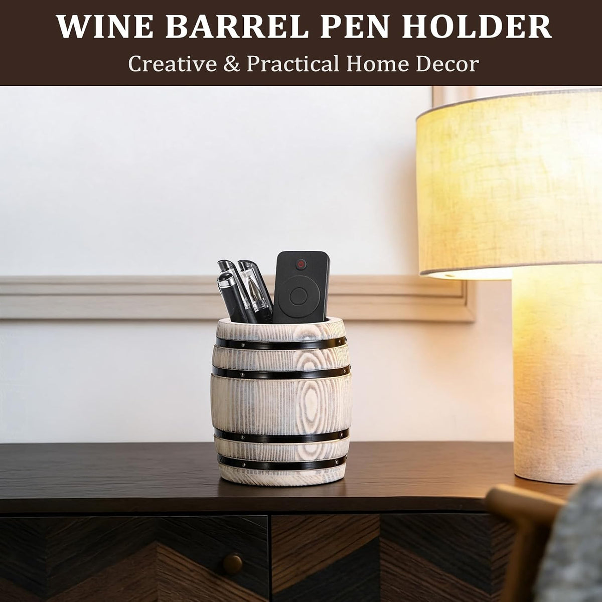 Rustic Wooden Pen Holders for Desk, Wine Barrel Funny Pencil Cup