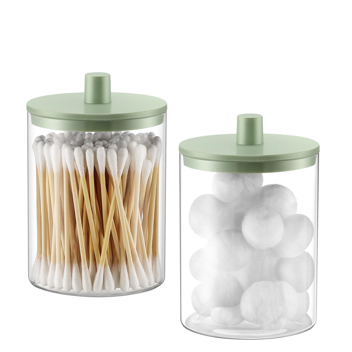 TIPGO Glass Qtip Holder Dispenser - 10 oz Clear Canister Apothecary Jar, Bathroom Vanity Storage Organizer Set for Cotton Swabs, Pads, Floss Picks, Small Containers for Makeup Storage (2 Pack, Black)