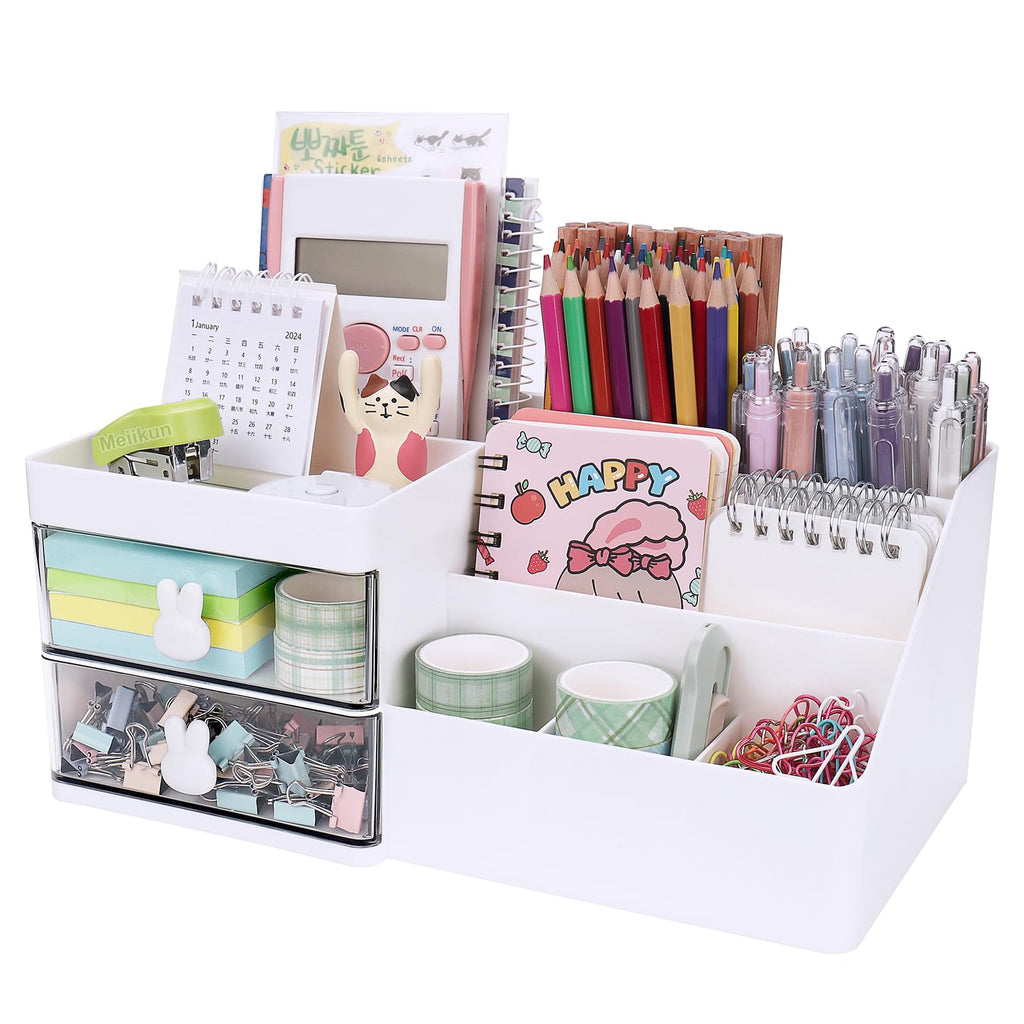 Meiikun Desk Organizer with Drawer, Pen Organizer for Desk, Small Pencil Holder, Desk Organizers and Accessories for Office Home Storage (2 Drawers+4 Compartments, Pink)