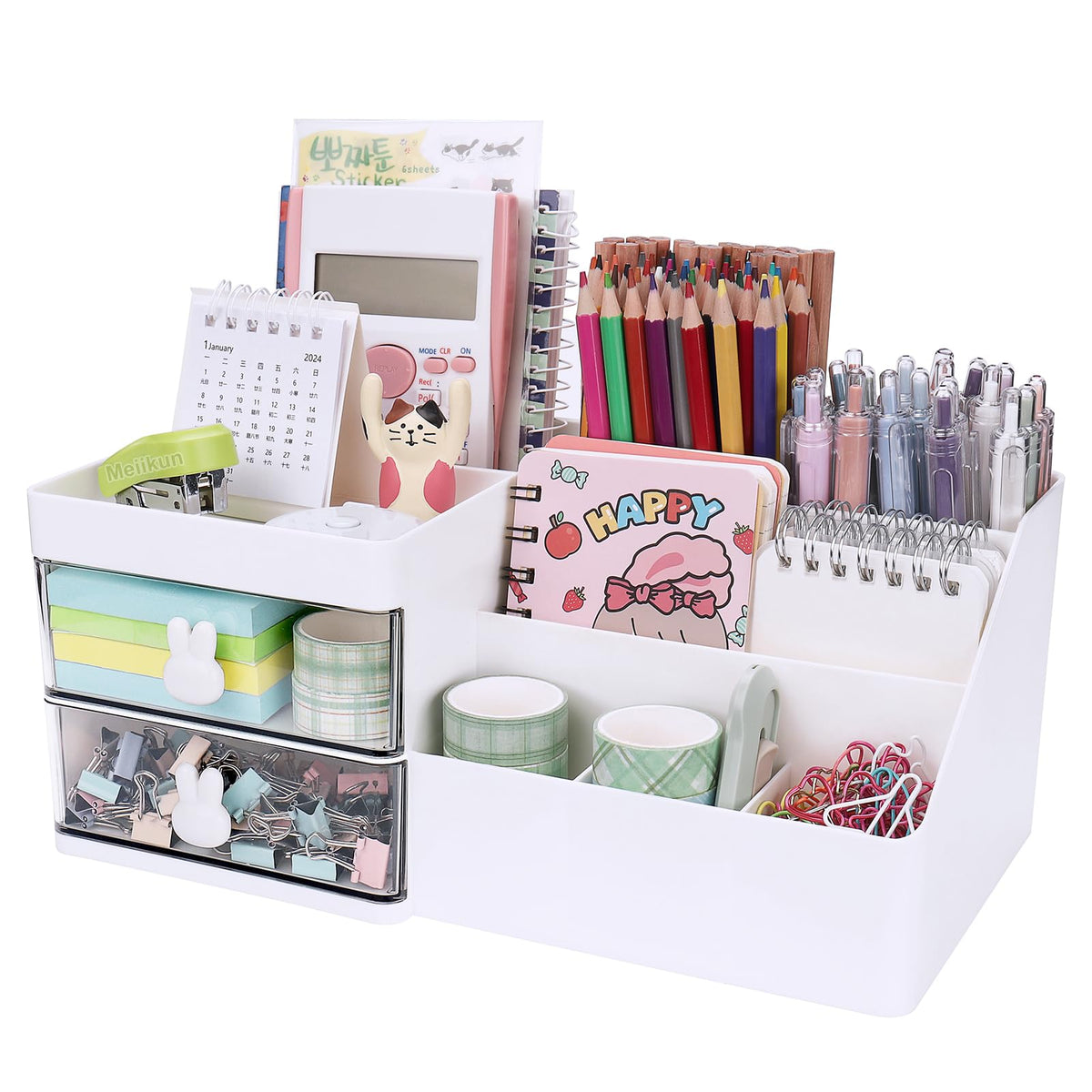 Meiikun Desk Organizer with Drawer, Pen Organizer for Desk, Small Pencil Holder, Desk Organizers and Accessories for Office Home Storage (2 Drawers+4 Compartments, Pink)