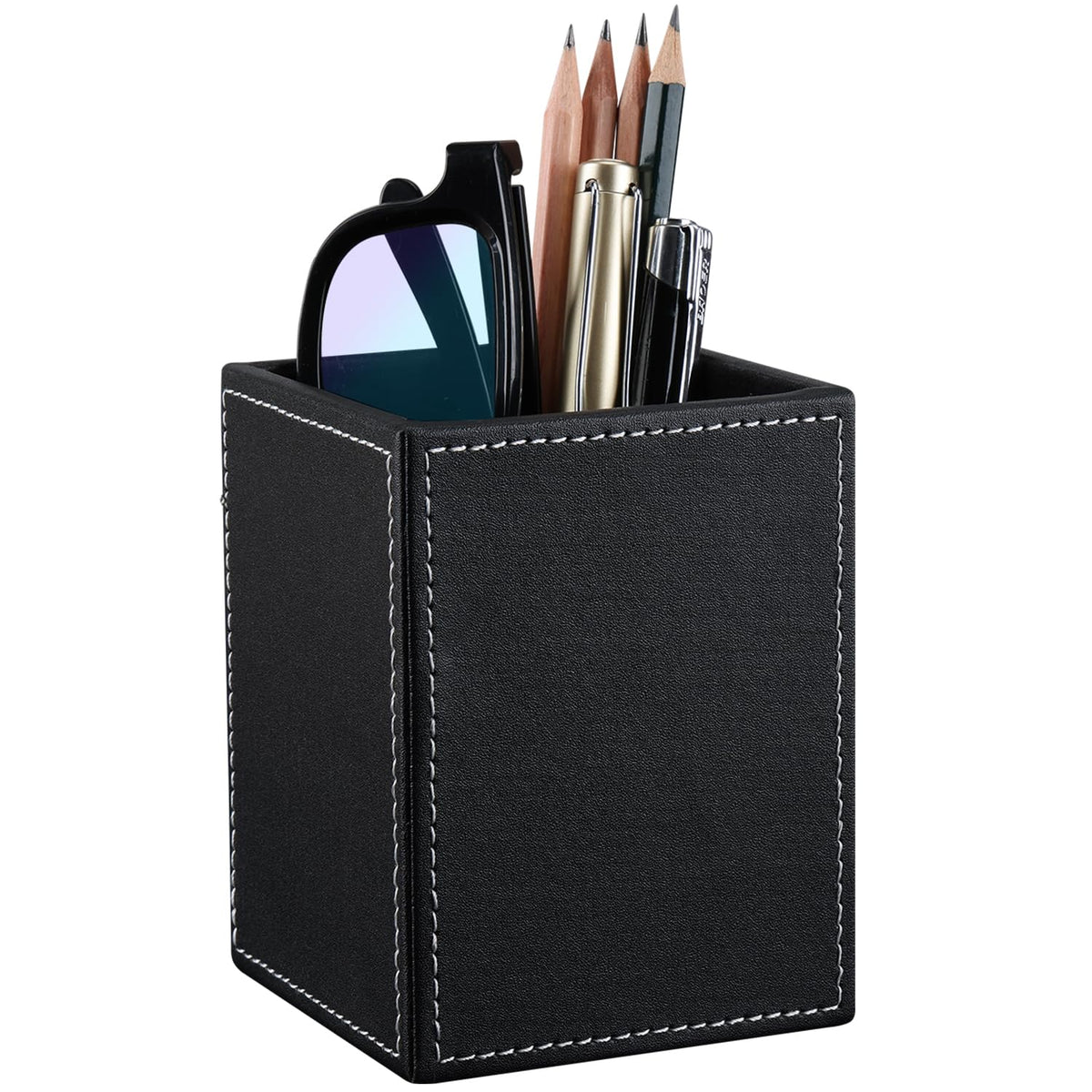 KINGFOM™ Double Holder Leather Multi-Function Desk Stationery Organizer Pen Pencil Holder Black