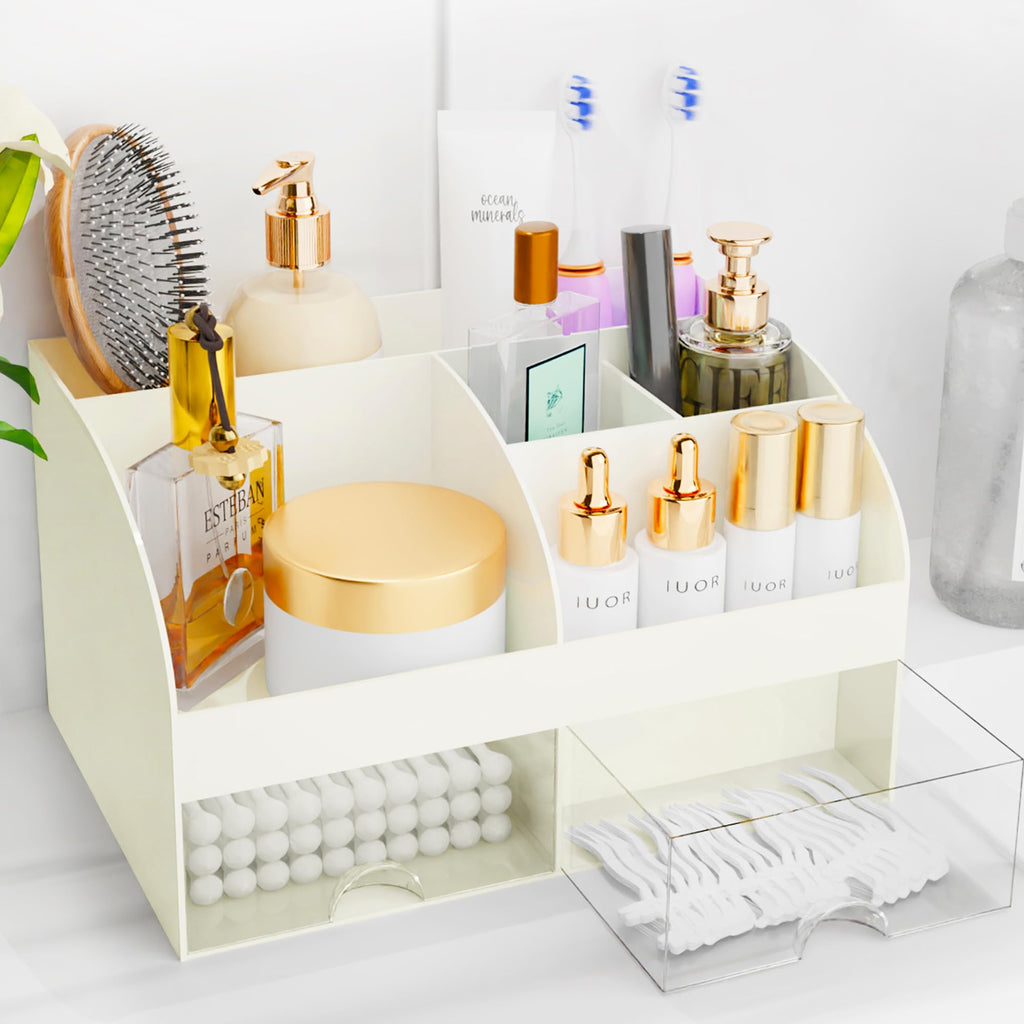 Makeup Organizer with Drawers, Cosmetic Storage for Dresser Vanity and Bathroom Countertop, Beauty Holder for Lipstick Brush, Skincare Organizer for Vanity, Cosmetic Display Case (Black)