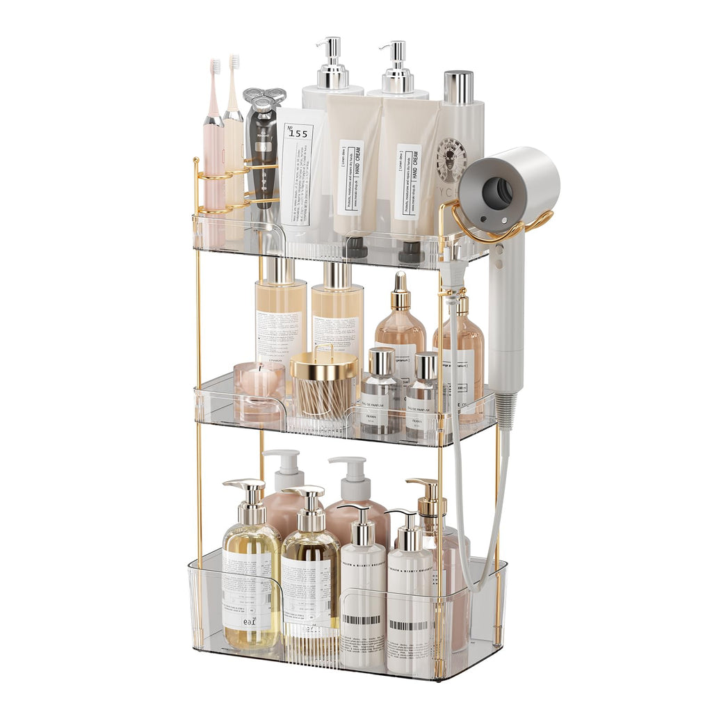 Akinbas 3 Tier Bathroom Organizer Countertop Makeup Perfume Tray Skincare Organizer for Bathroom Dresser Vanity (Grey)