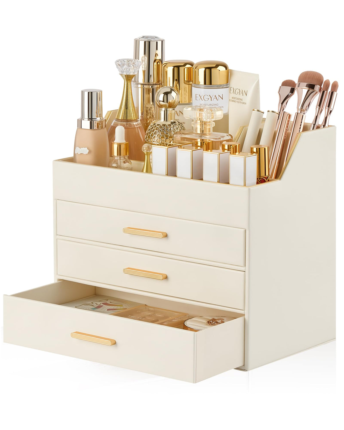 Lolalet Makeup Organizer for Vanity Desk, 3-Layer PU Leather Luxury Make Up Storage Cosmetics Holder Box with Drawers -Beige