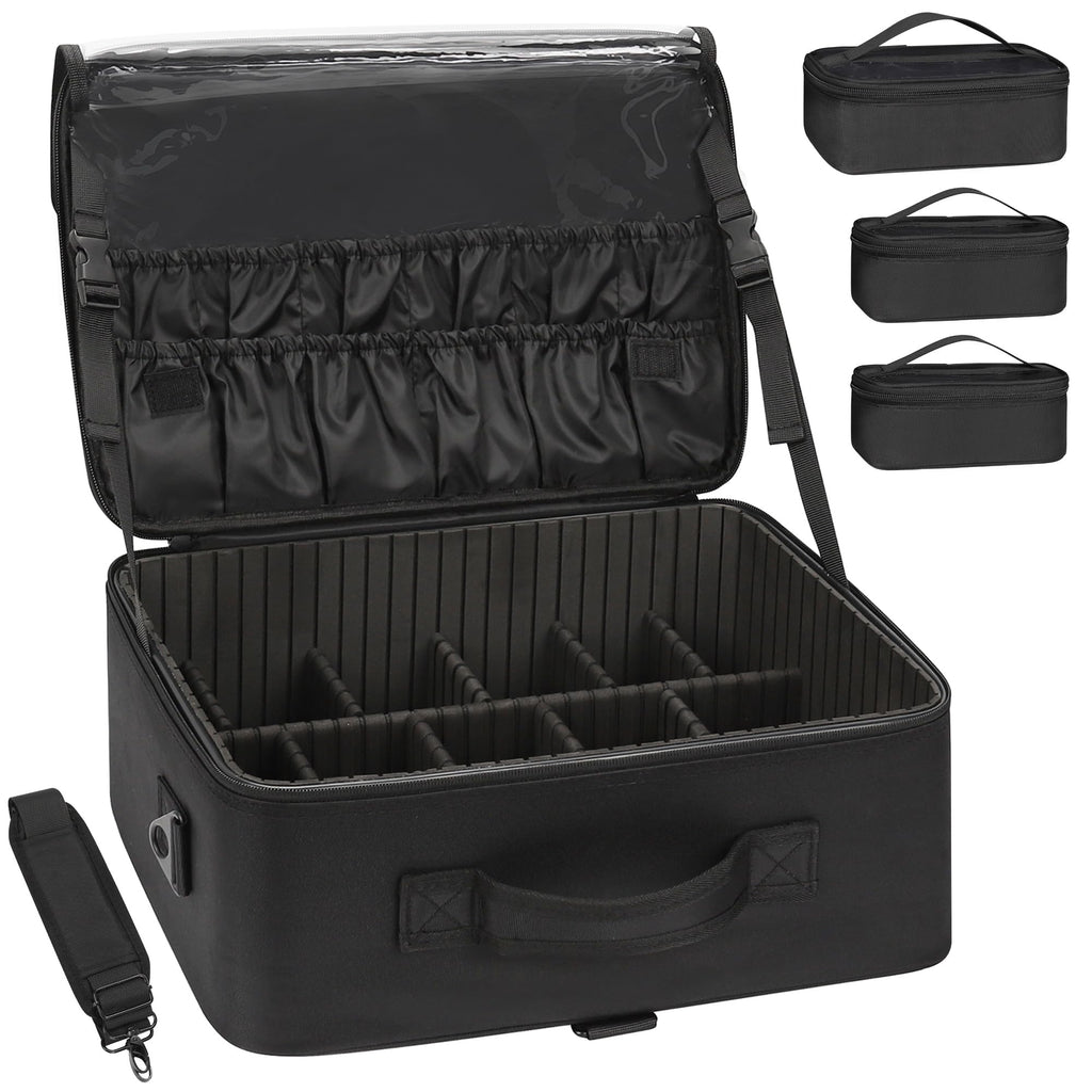Relavel Makeup Case Large Makeup Bag Professional Train Case 16.5 inches Travel Cosmetic Organizer Brush Holder Waterproof Makeup Artist Storage Box, 3 Layer Large Capacity, with Adjustable Strap
