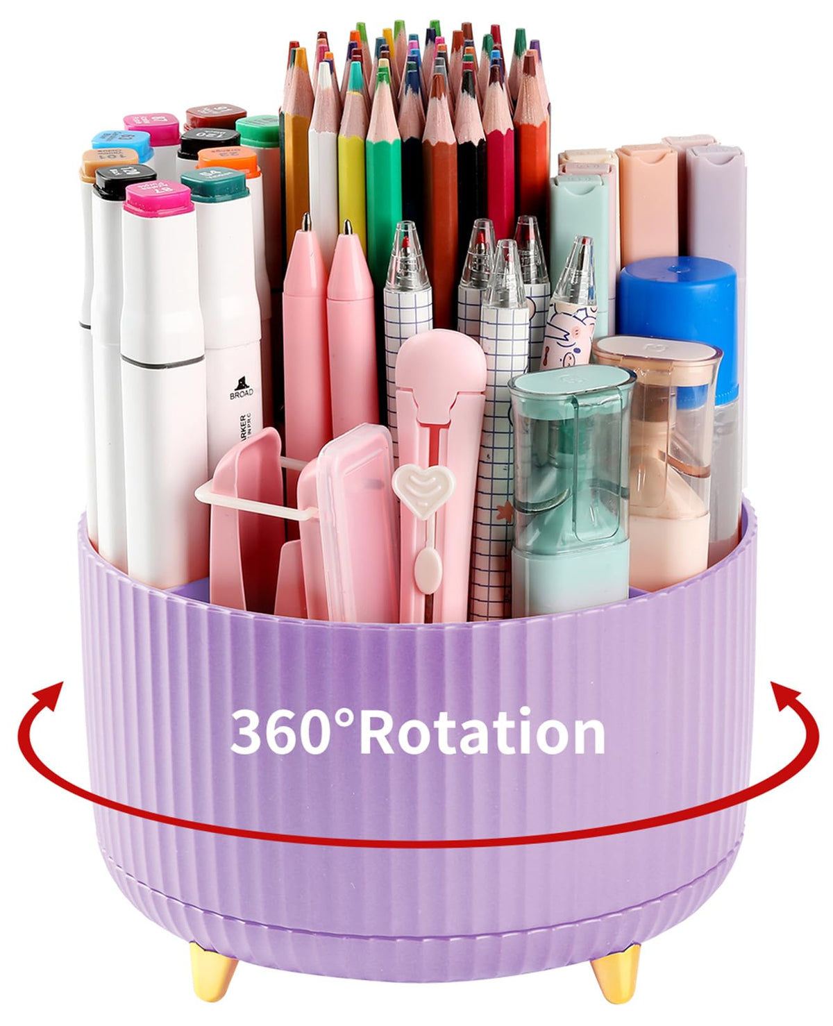 Desk Pencil Pen Holder, 5 Slots 360°Degree Rotating Pen Organizers for Desk, Desktop Storage Stationery Supplies Organizer, Cute Pencil Cup Pot for Office, School, Home, Art Supply, Beige