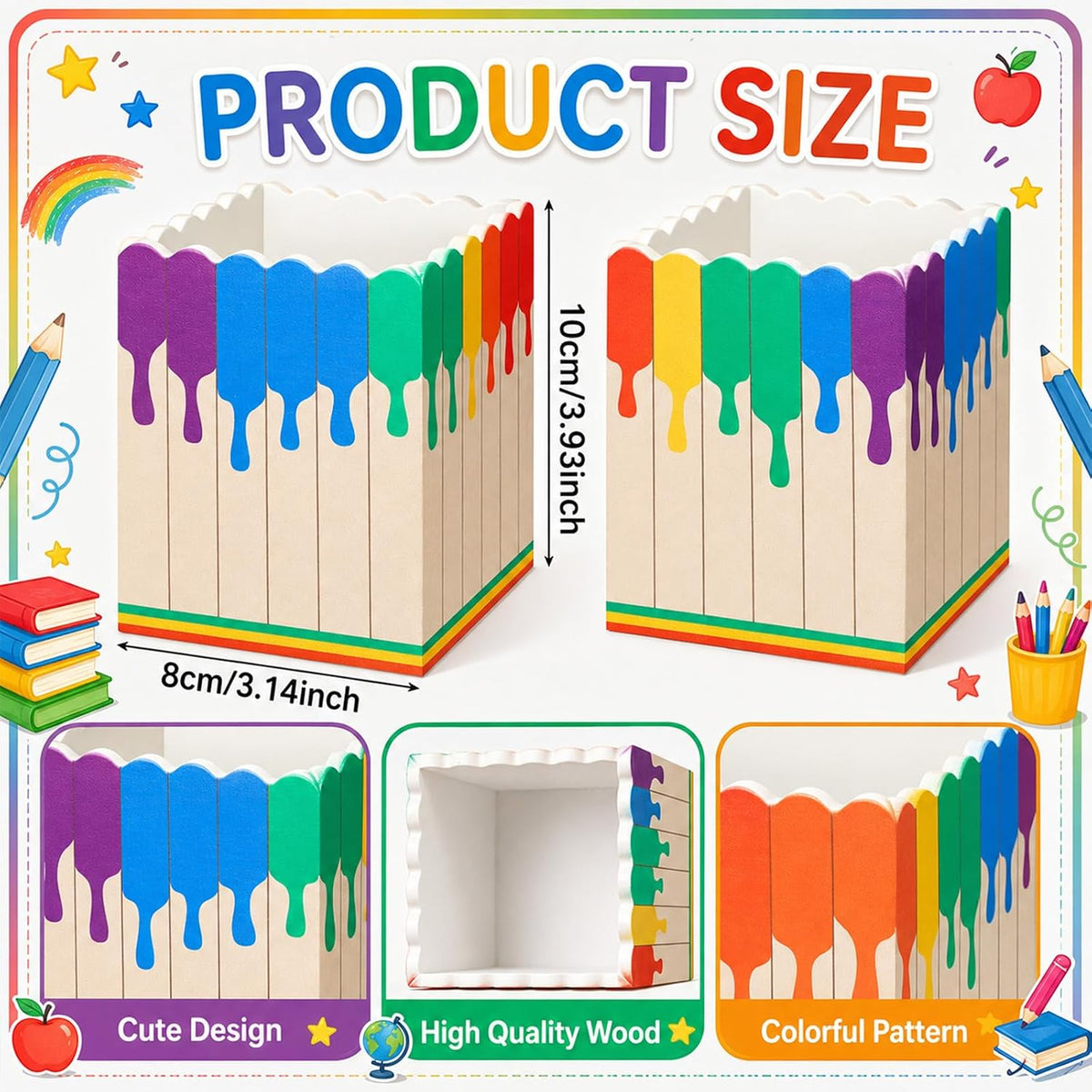 Sherr 2 Pcs Wood Pencil Holder Art Painting Classroom Decor Pen Holder for Classroom Back to School Wooden Crayon Organizer Pencil Storage for Teacher Students First Day School Gifts Office Desk