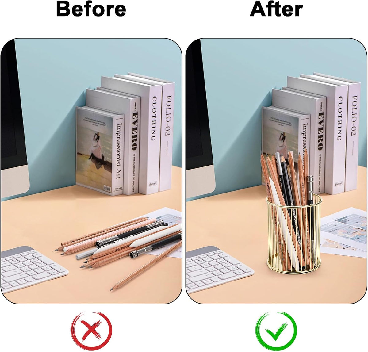 Yopay 4 Pack Gold Pencil Holder, Metal Pen Cup Makeup Brush Holder for Desk, Round Wire Mesh Desktop Organizer for Office School Home Vanity, Aesthetic Cylindrical Storage Organizer for Art Supplies