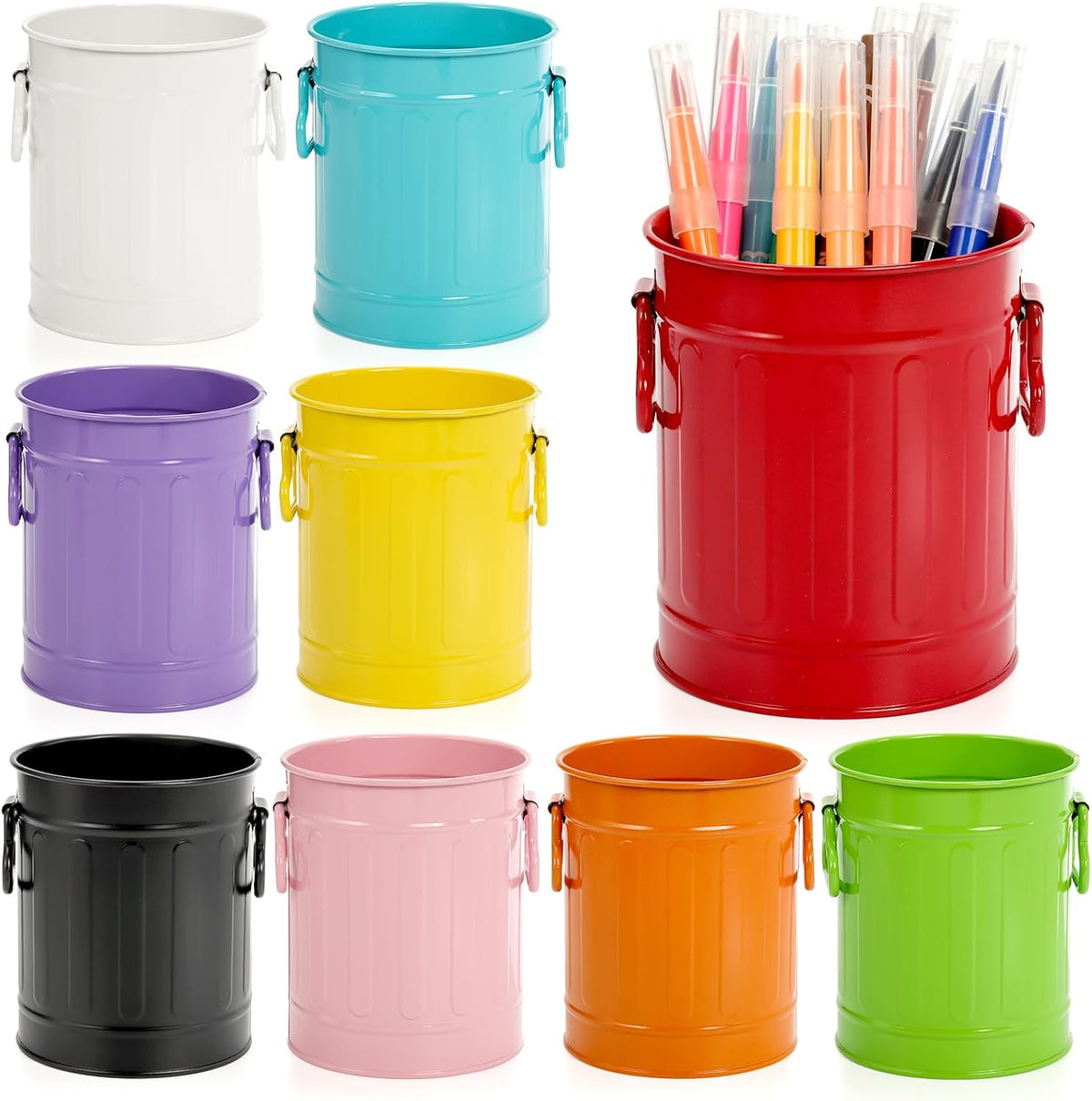 Noamus 9 Pack Metal Pen Holder, Mini Pencil Bucket with Handle, Desktop Pencil Cup Makeup Brush Organizer, Desk Colorful Small Pails, Stationary Supplies Container for Office Classroom School Crafts