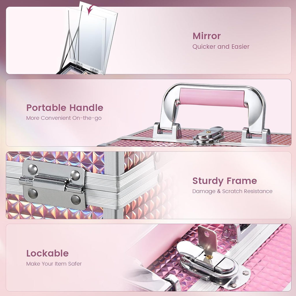 Joligrace Makeup Case Organizer Makeup Box Cosmetic Train Case with Mirror