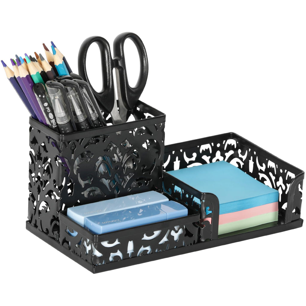 EasyPAG Desk Organizer 3 Compartment Pen Holder for Desk Office Supplies Caddy with Sticky Notes Holder for School Home, Gold