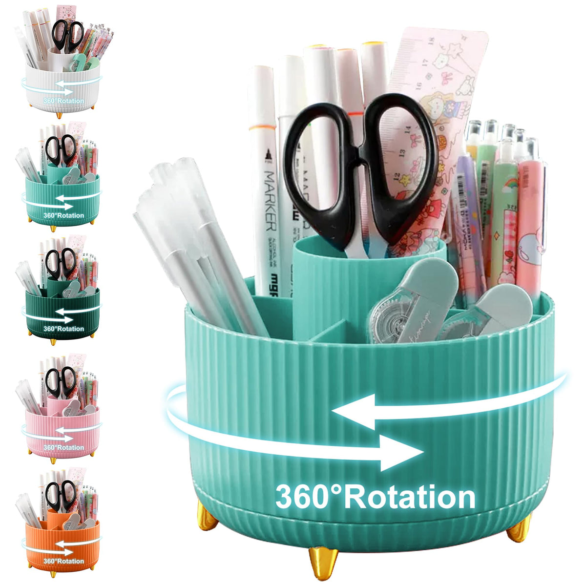 Cayxenful Pencil Holder For Desk,5 Slots 360°Degree Rotating Desk Organizers And Accessories,Desktop Storage Stationery Supplies Organizer, Cute Pencil Cup Pot For Office, School, Home (B-White)