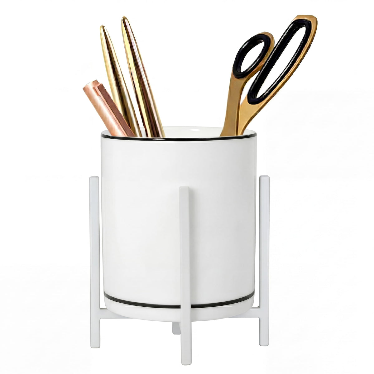 4.72" Gold Pen Holder Aesthetic Pencil Holder for Desk, Gold Desk Organizers and Accessories for Women Girls, Ceramic Pen Holder for Office