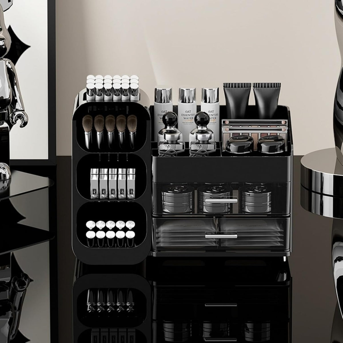 Makeup Organizer with Drawers, Large Capacity Countertop Organizers for Vanity,Bathroom and Bedroom Desk Cosmetics Organizer,Easy To Storage Skincare,Brushes,Lotions,Lipstick (Black)