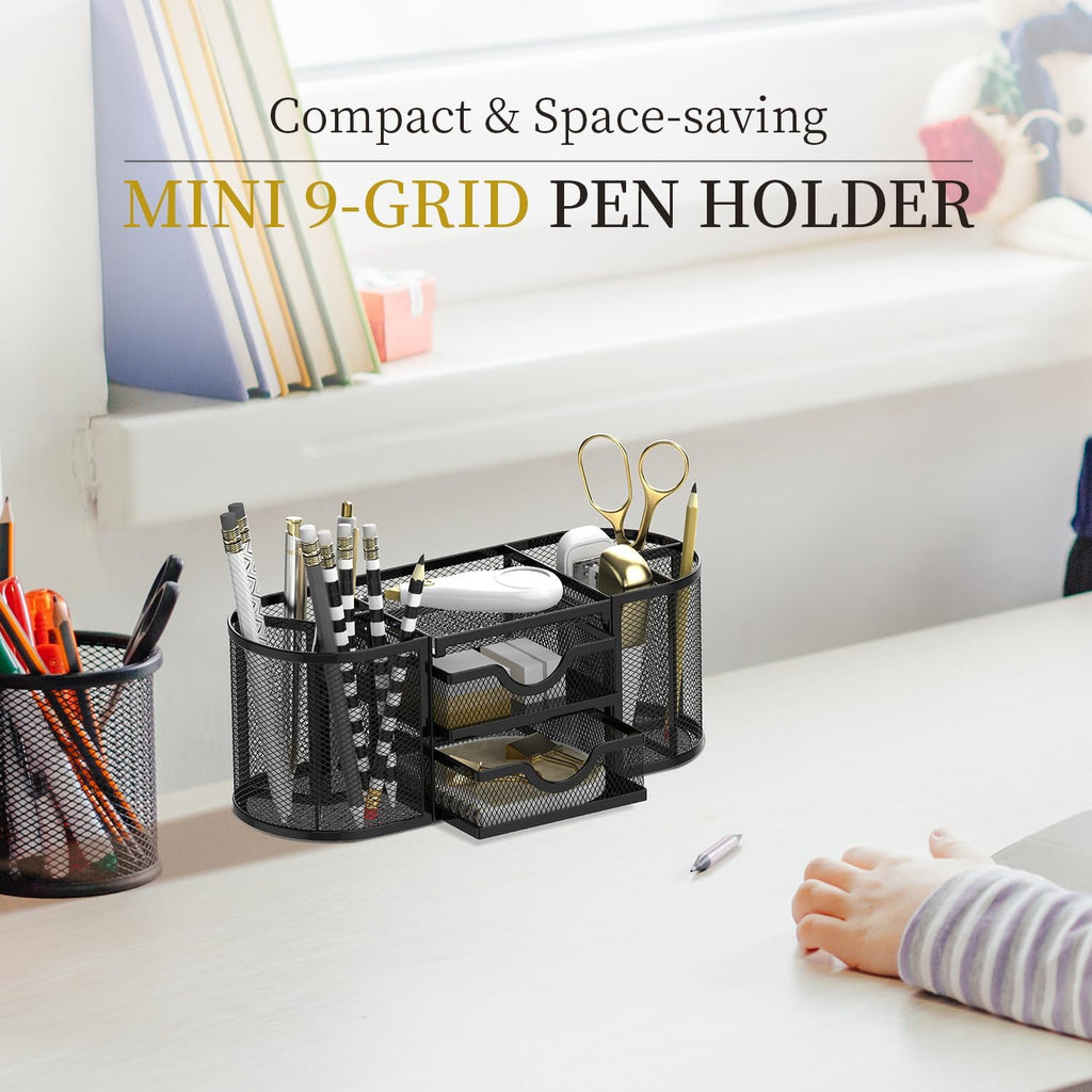 SUPEASY Mesh Desk Organizer, Pen Holder for Desk with 2 Drawers, Black