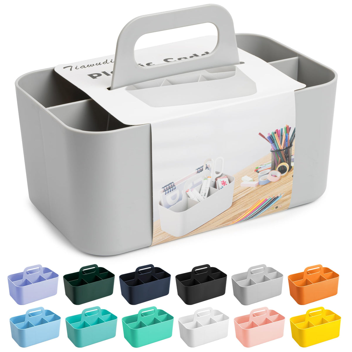 Tiawudi Multipurpose Caddy Organizer, Plastic Caddy with Handle, Stackable Desk Organizer for Stationery, Marker and Pencil, Office Supplies Organizer, Dorm Caddy