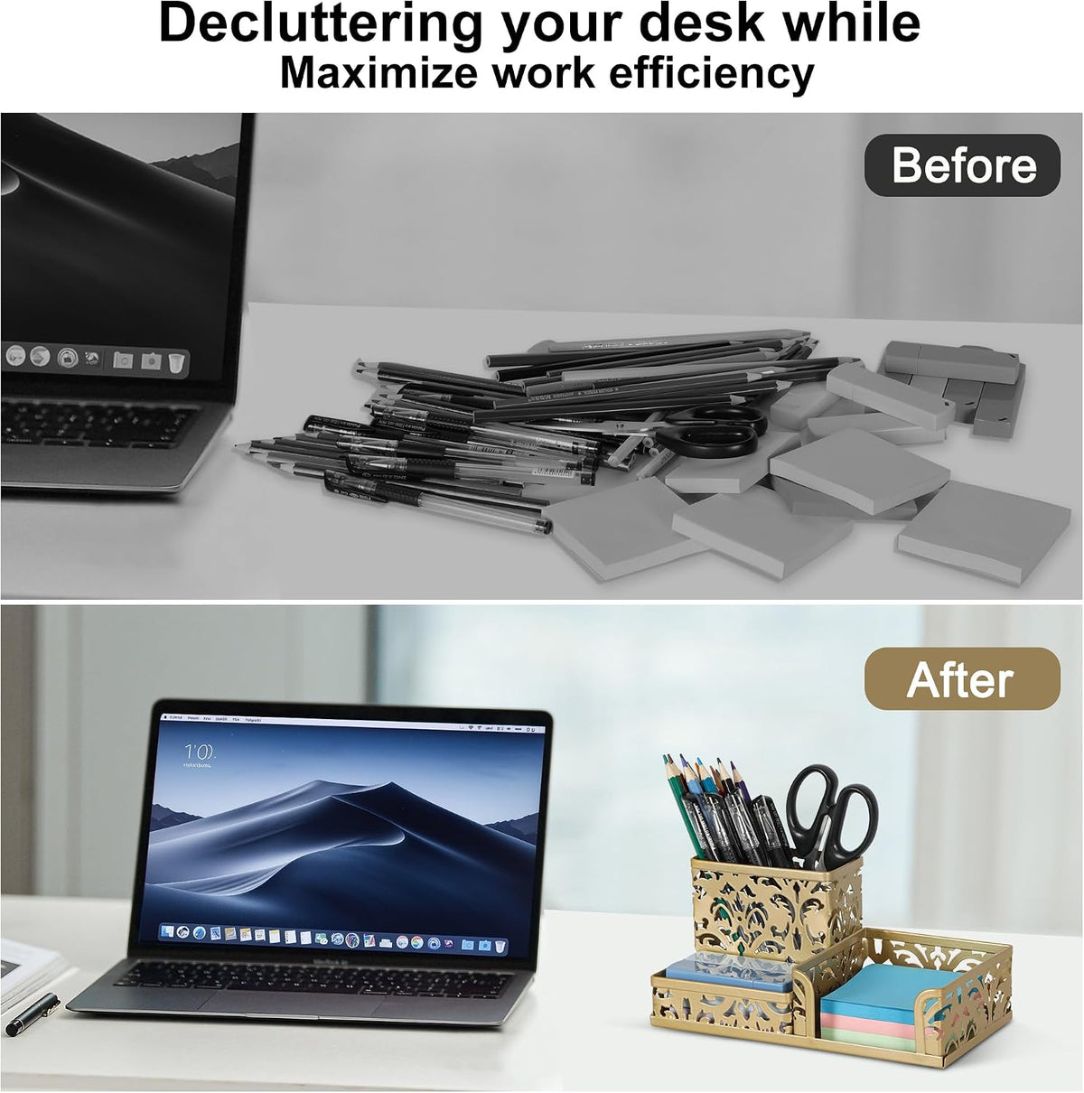 EasyPAG Desk Organizer 3 Compartment Pen Holder for Desk Office Supplies Caddy with Sticky Notes Holder for School Home, Gold