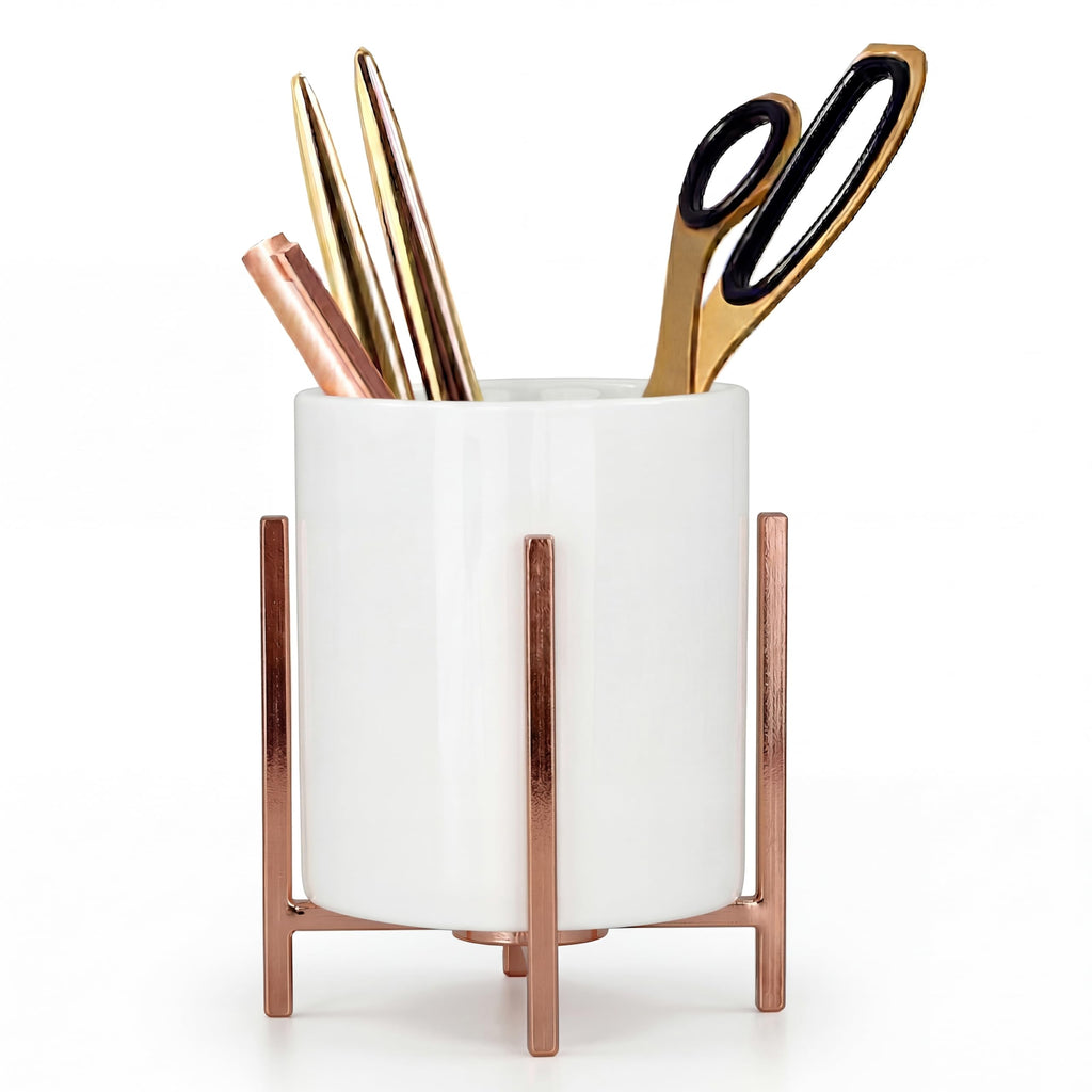 4.72" Gold Pen Holder Aesthetic Pencil Holder for Desk, Gold Desk Organizers and Accessories for Women Girls, Ceramic Pen Holder for Office