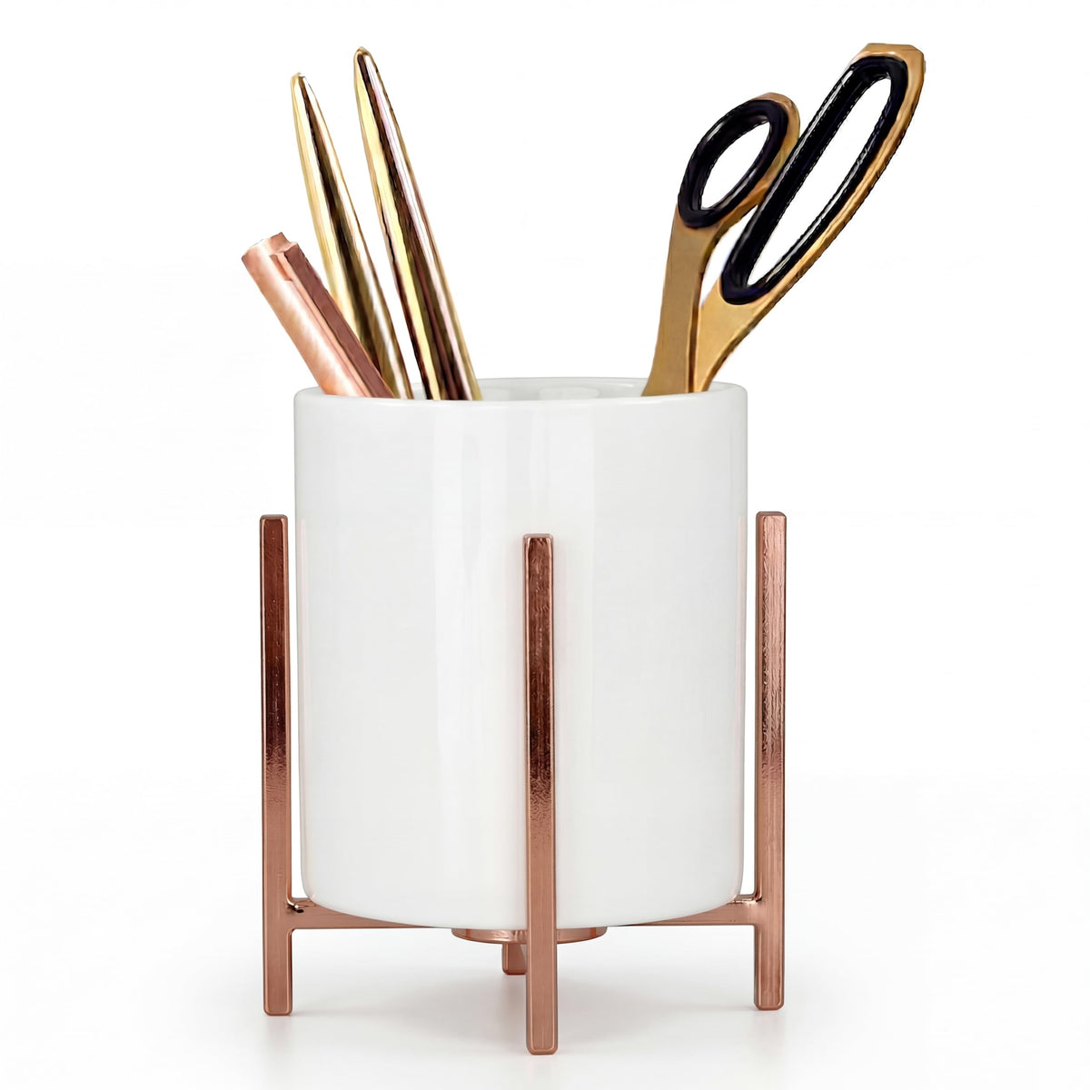 4.72" Gold Pen Holder Aesthetic Pencil Holder for Desk, Gold Desk Organizers and Accessories for Women Girls, Ceramic Pen Holder for Office